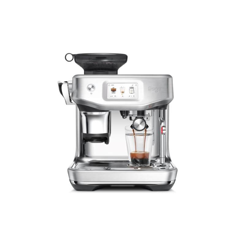 Silver espresso machine with a glass of coffee being poured.