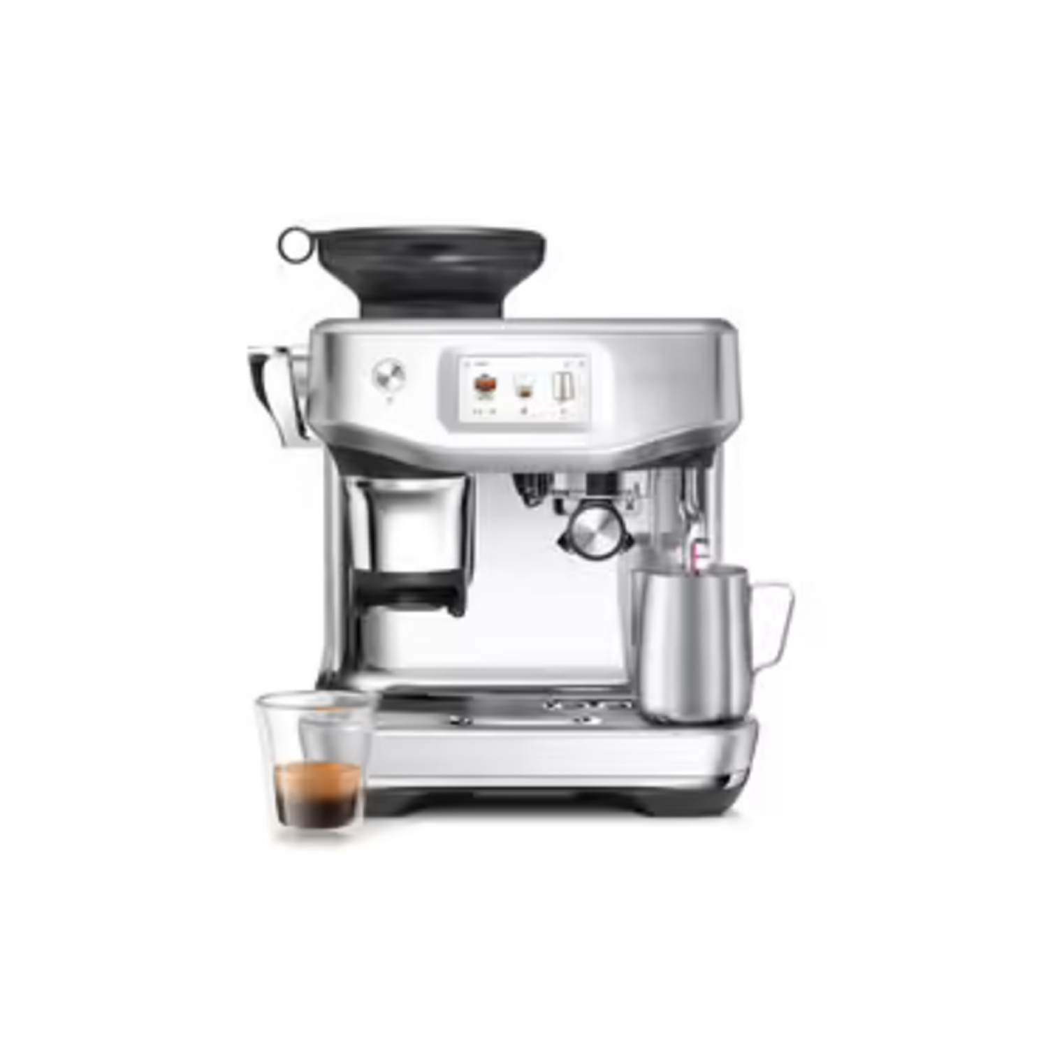 Silver espresso machine with a glass of coffee on the counter.