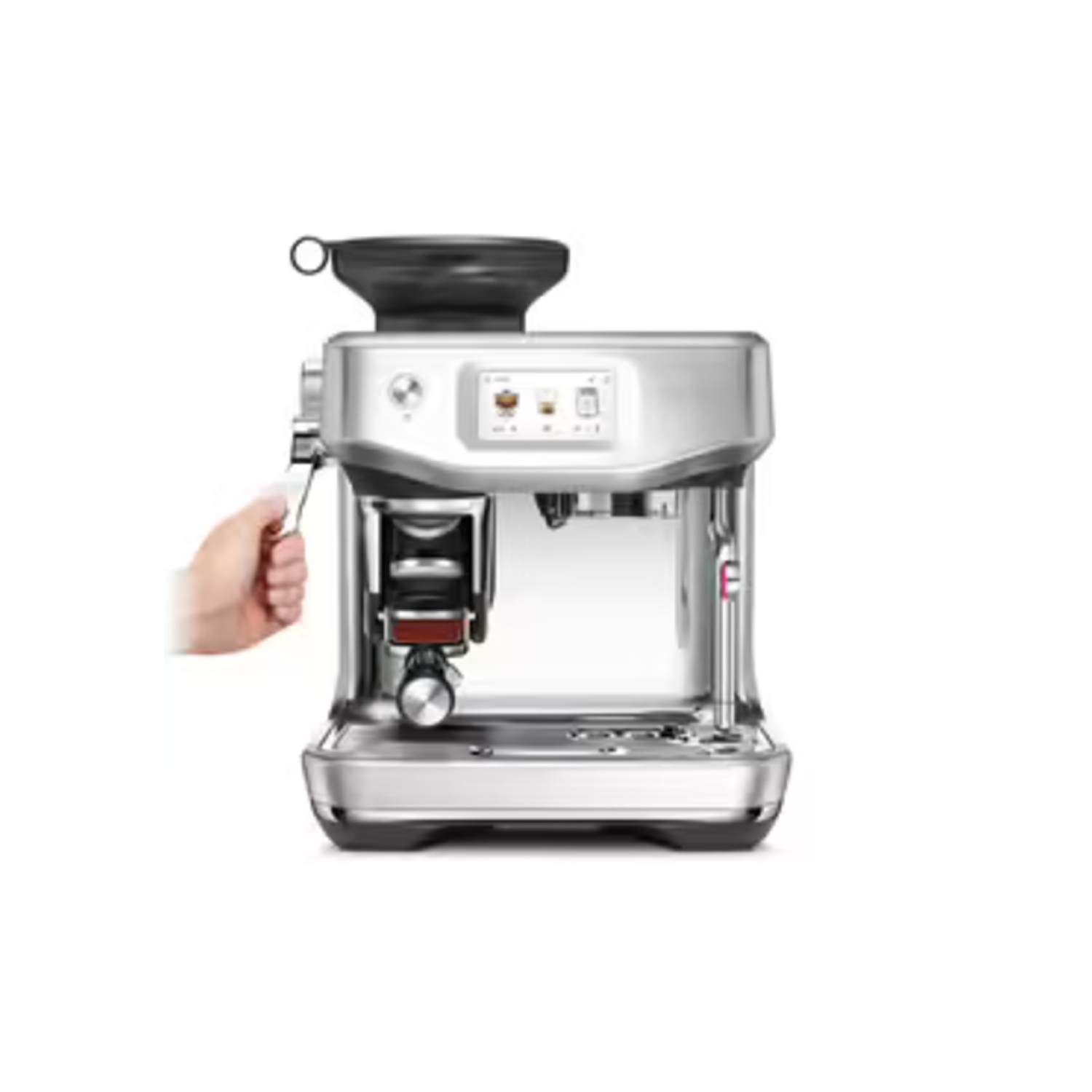 Silver espresso machine with a hand holding a lever on the side.