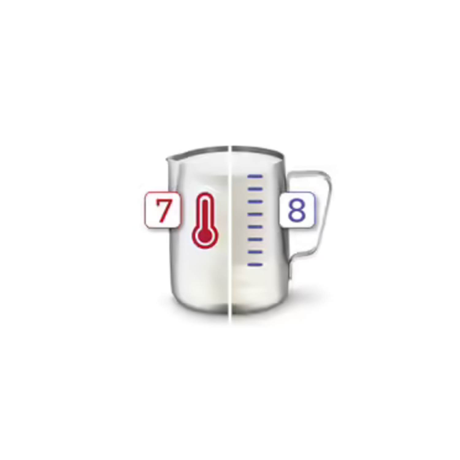 Stainless steel pitcher with a thermometer showing milk temperature.