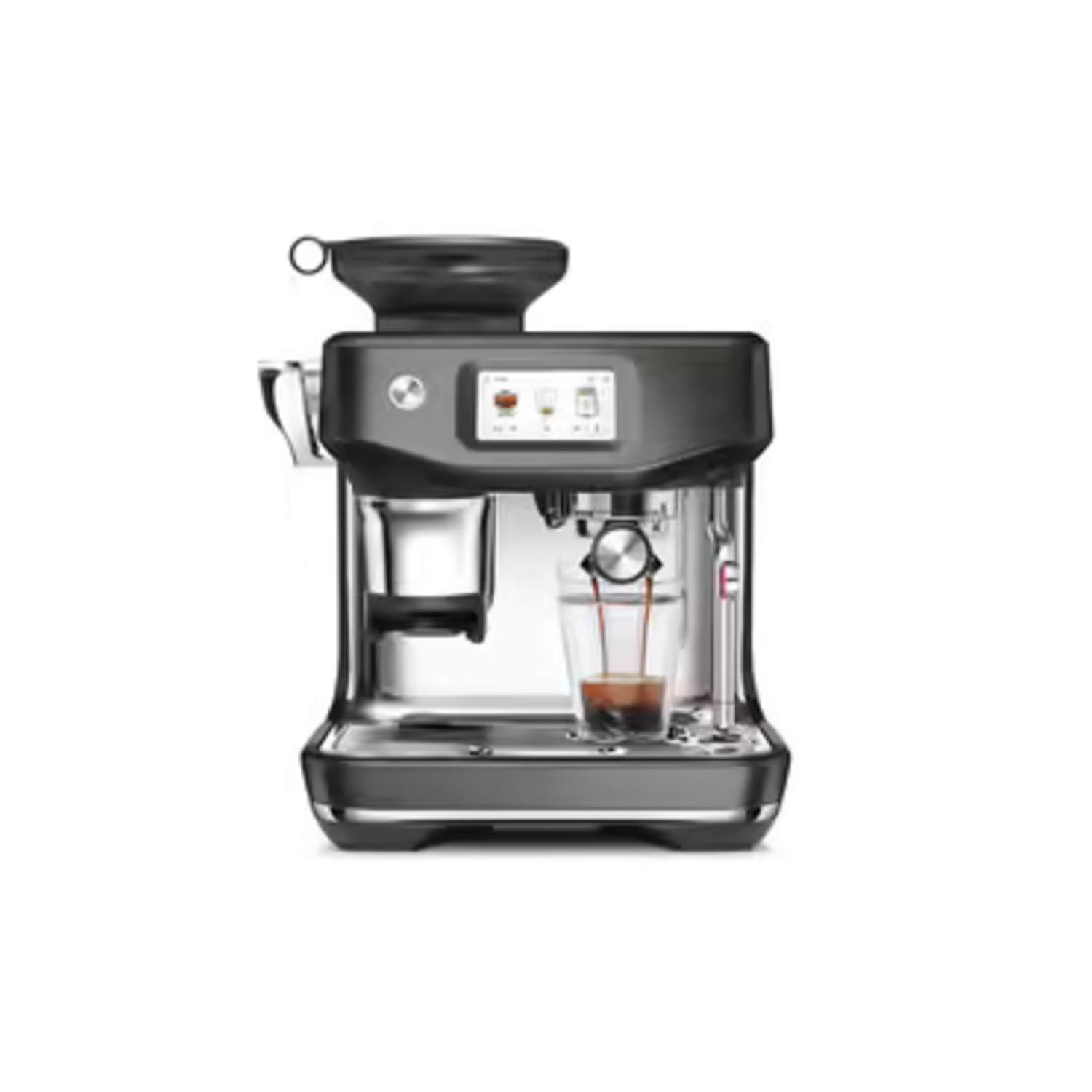 Silver espresso machine with a glass of coffee being poured.