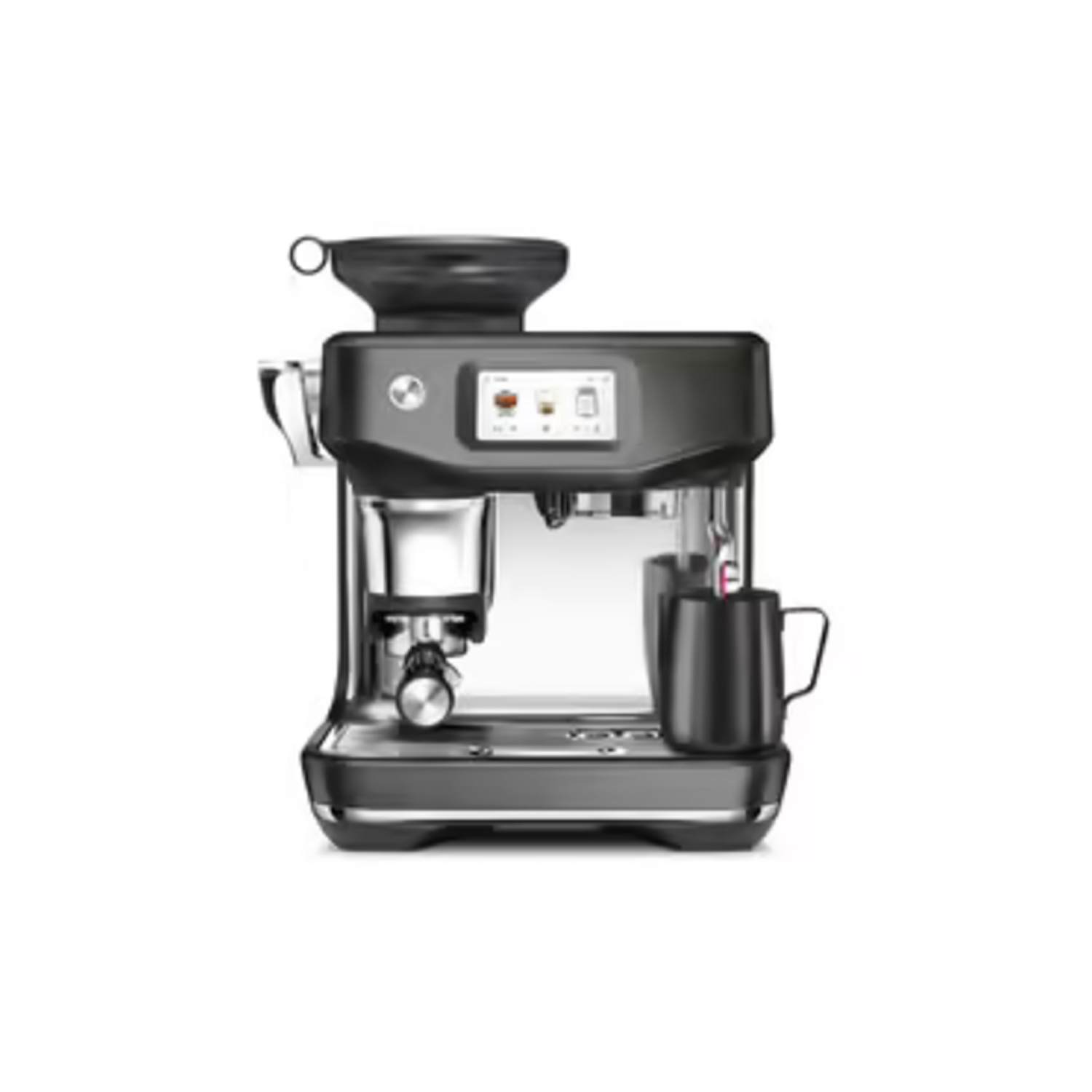 Silver espresso machine with a cup.