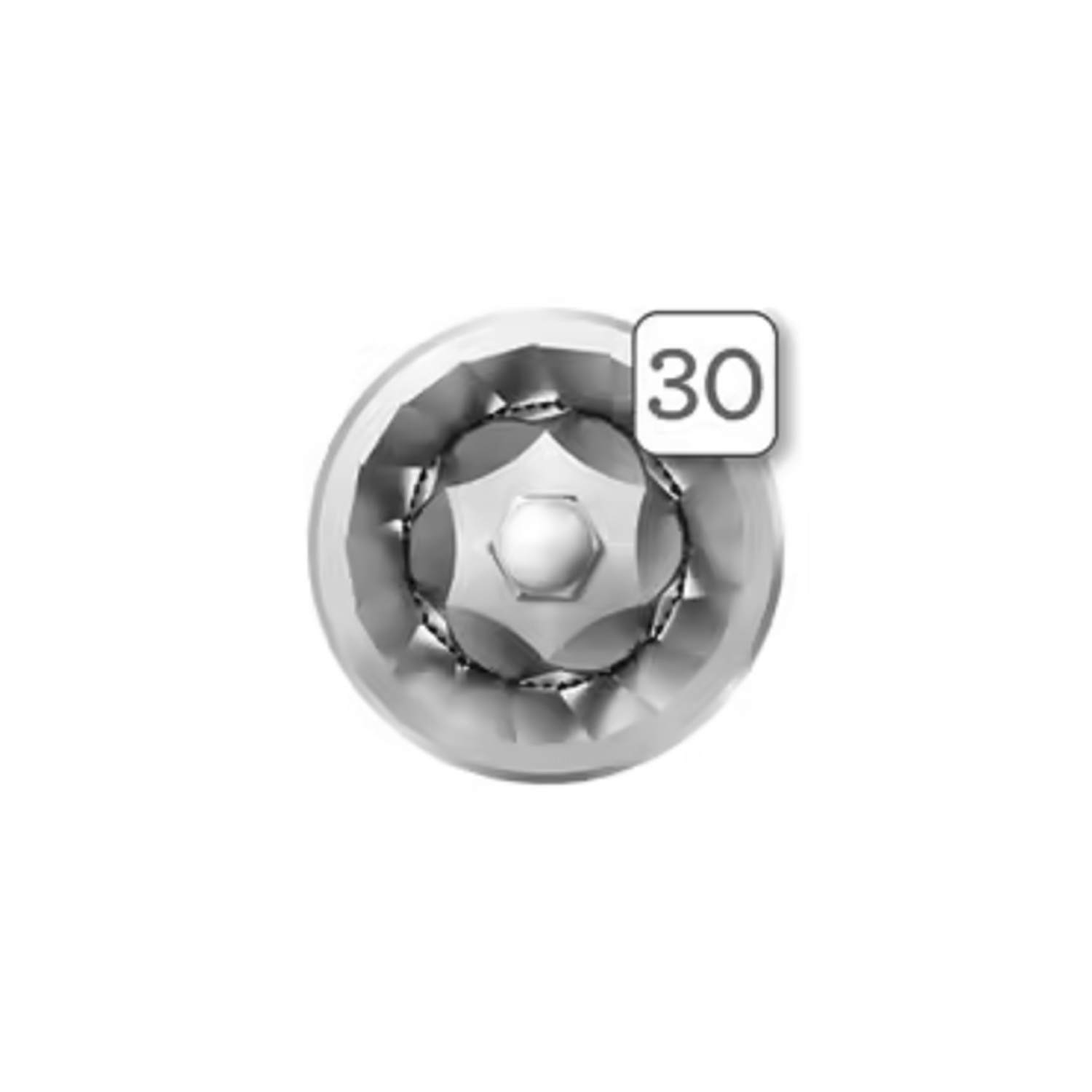 Close-up of a silver screw head with a 30 label.
