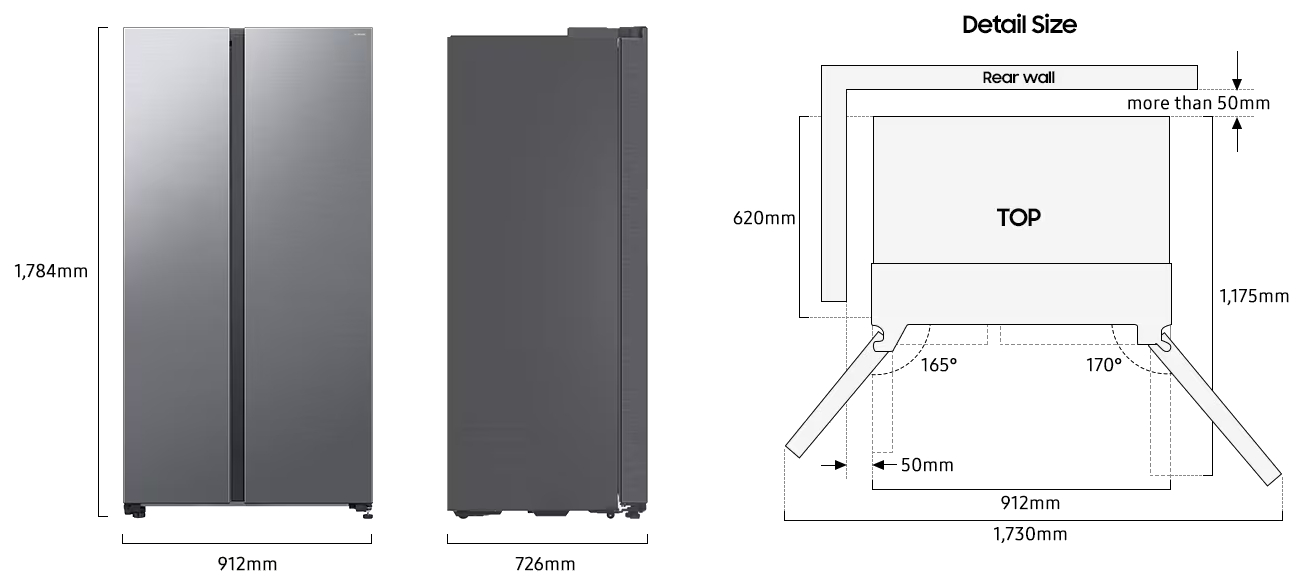 Side-by-Side-Kühlschrank, Abmessungen in mm gezeigt.