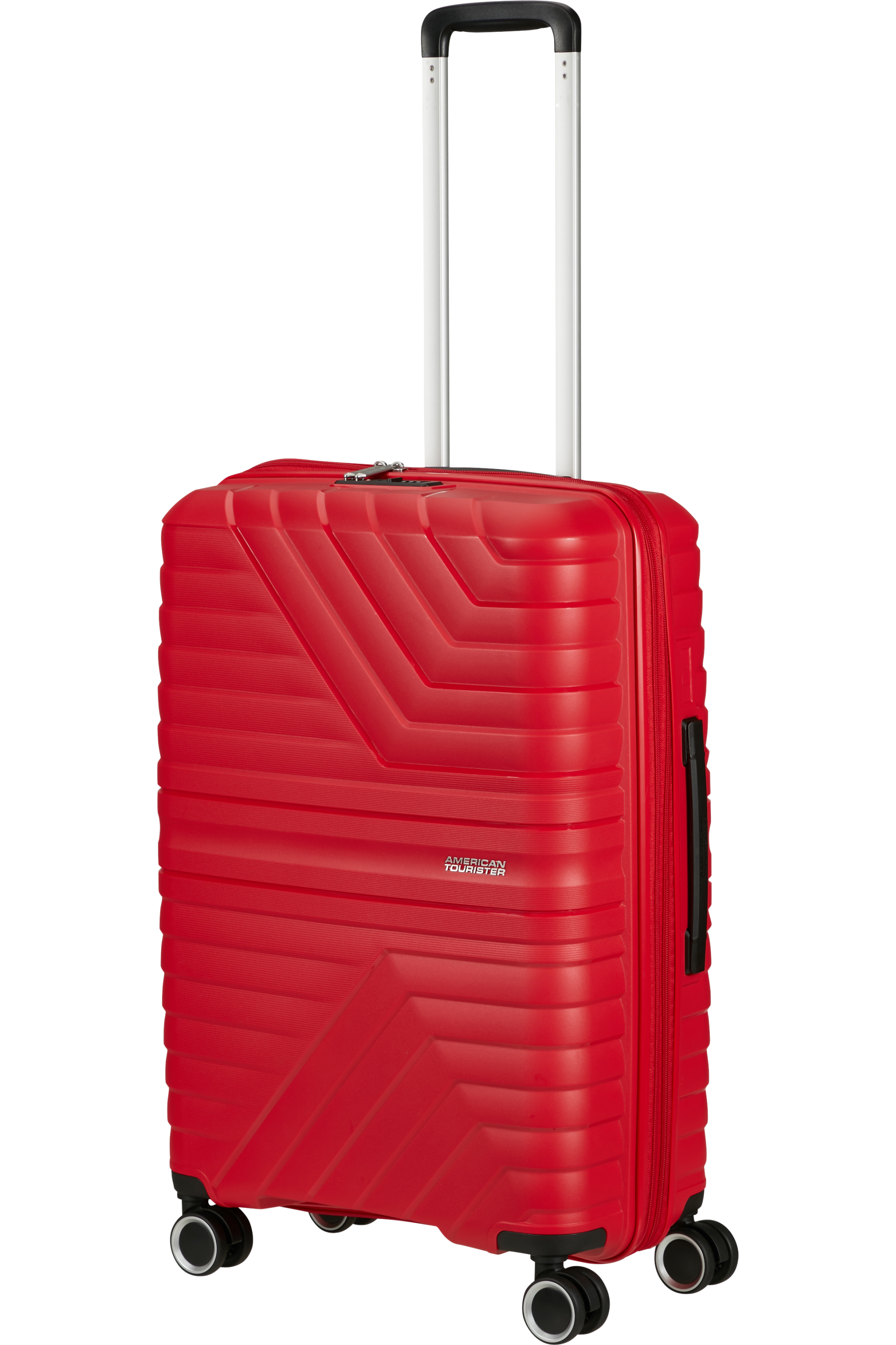 Ein roter American Tourister-Koffer mit Griff. Es ist auf schwarzem Hintergrund.