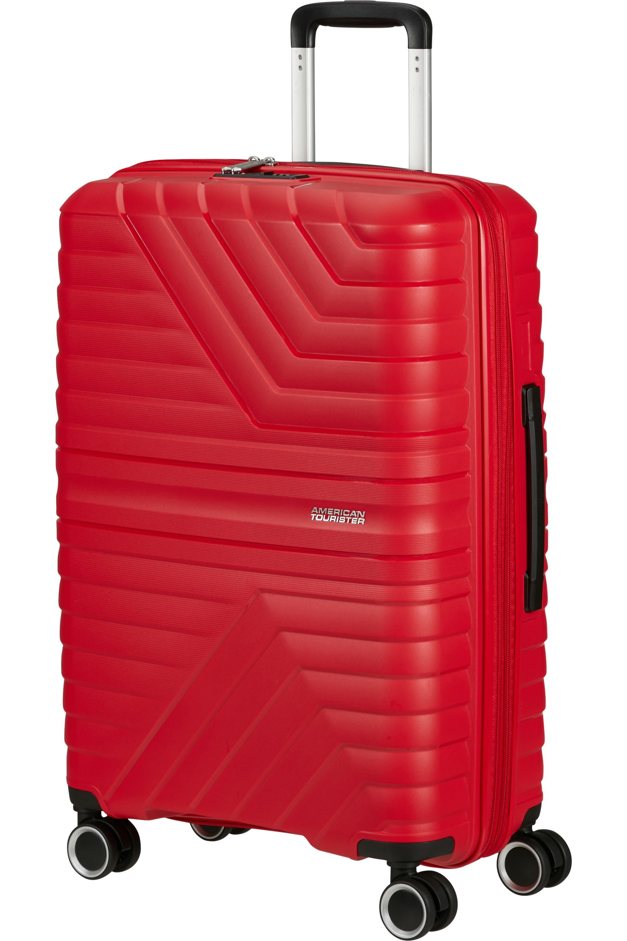 Ein roter American Tourister-Koffer mit Griff. Es ist auf schwarzem Hintergrund.