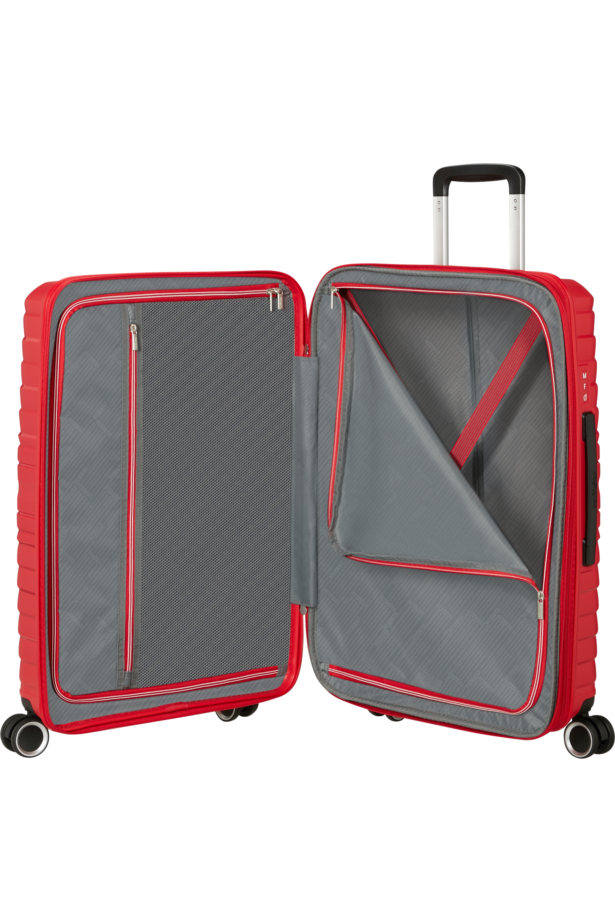 Ein roter American Tourister-Koffer, geöffnet. Der Innenraum ist grau und rot.