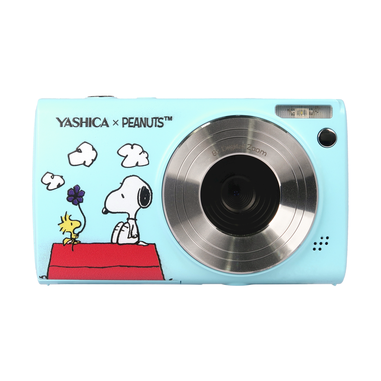 Fotocamera blu con immagine di Snoopy, logo Yashica e nuvole. Sfondo bianco.
