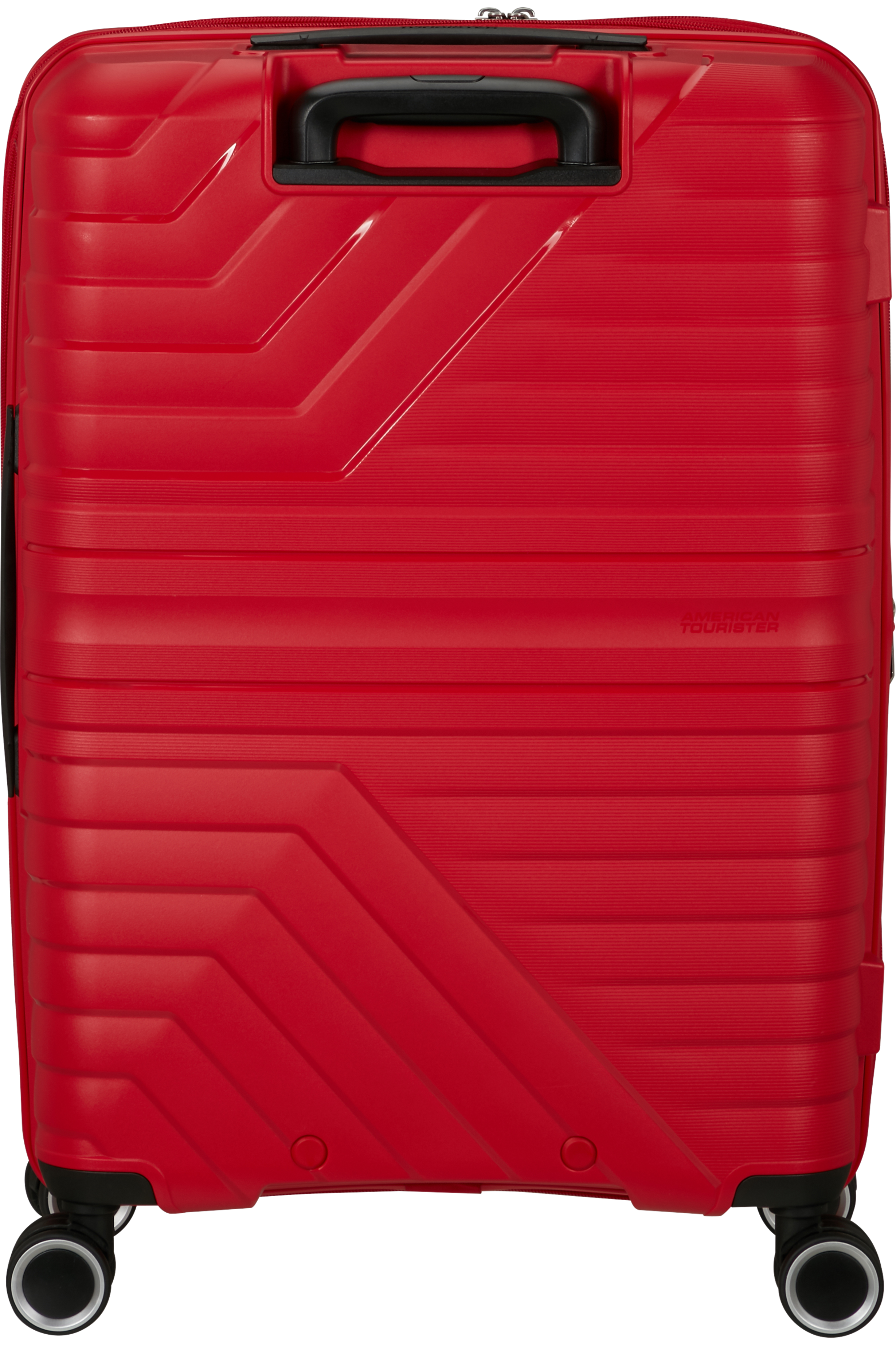 Ein roter American Tourister-Koffer mit Griff. Es ist auf schwarzem Hintergrund.