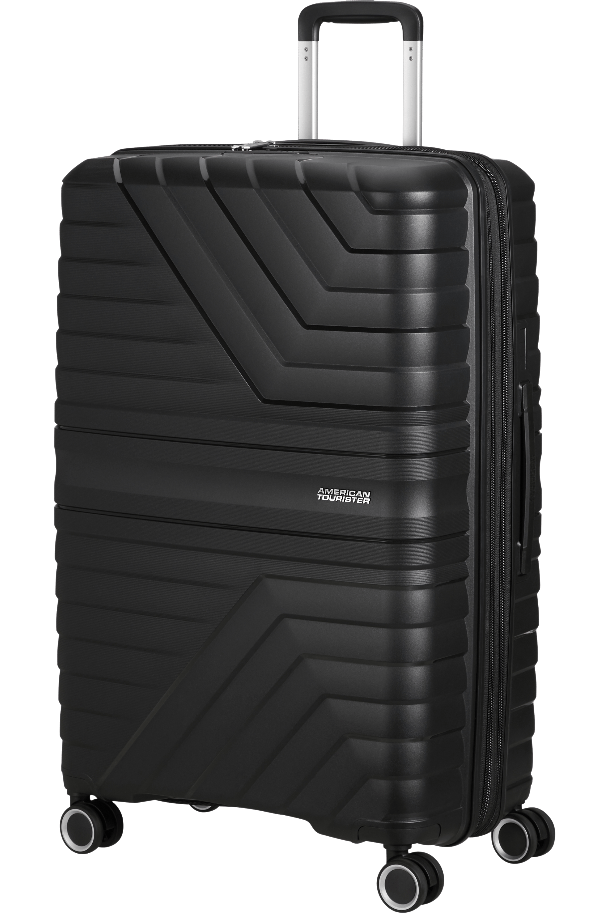 Schwarzer American Tourister Koffer mit strukturierter Oberfläche und ausziehbarem Griff.