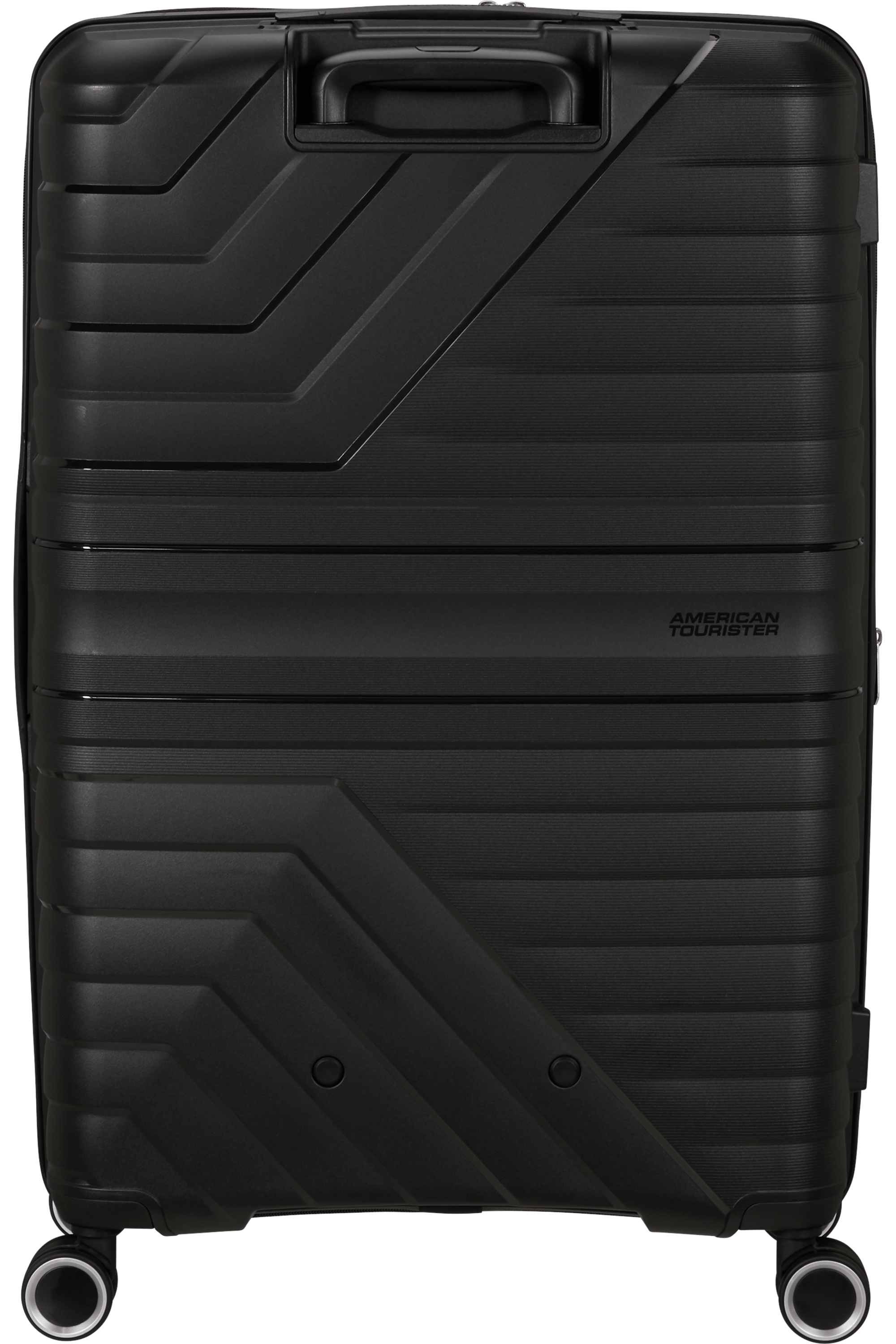 Schwarzer American Tourister Koffer mit strukturierter Oberfläche, Griff und Rädern.