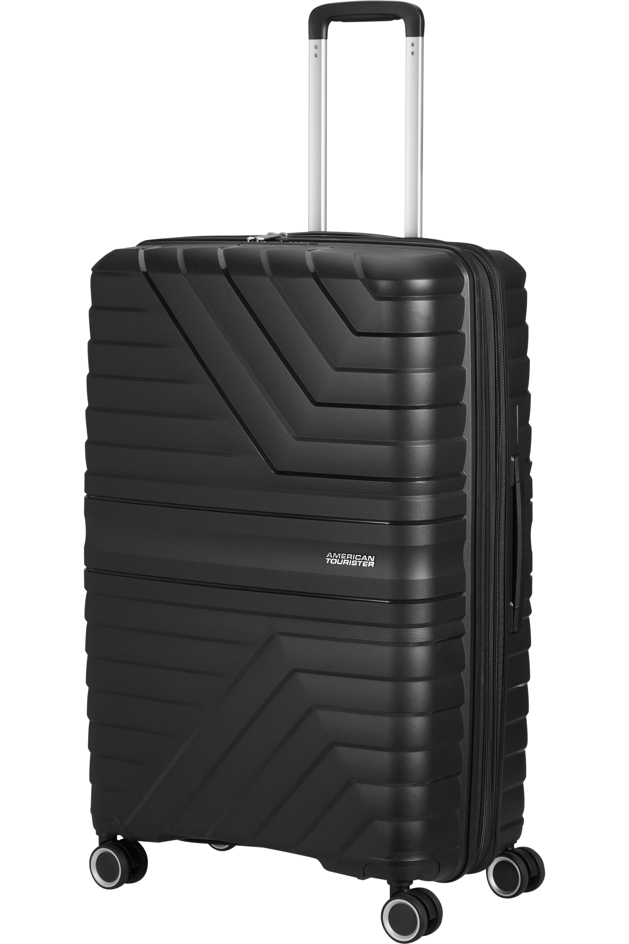 Schwarzer American Tourister Koffer, mit strukturierter Oberfläche, Griff und Rädern.