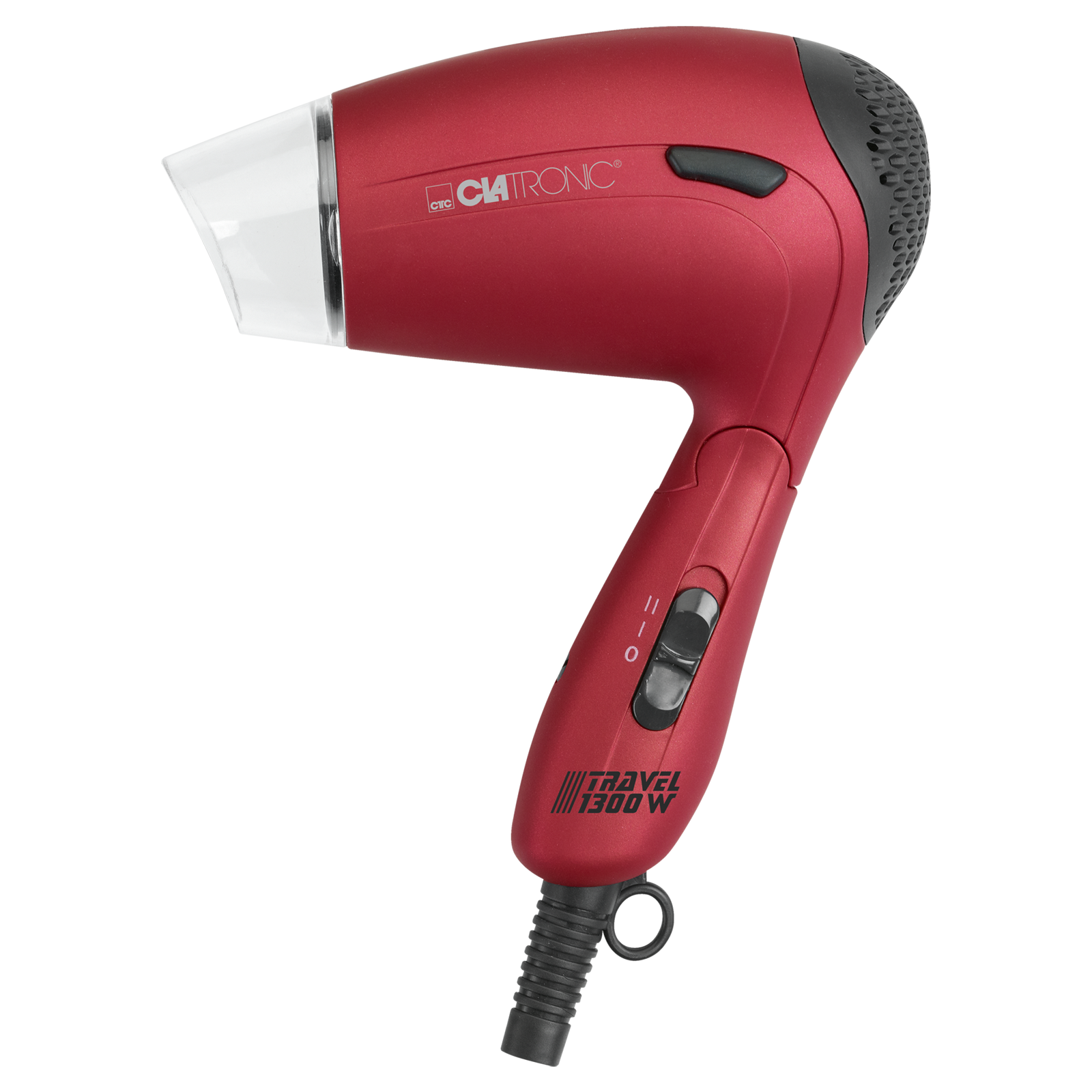 Roter Haartrockner mit schwarzem Griff und Düse. Er befindet sich auf schwarzem Hintergrund. Die Marke ist Clatronic.