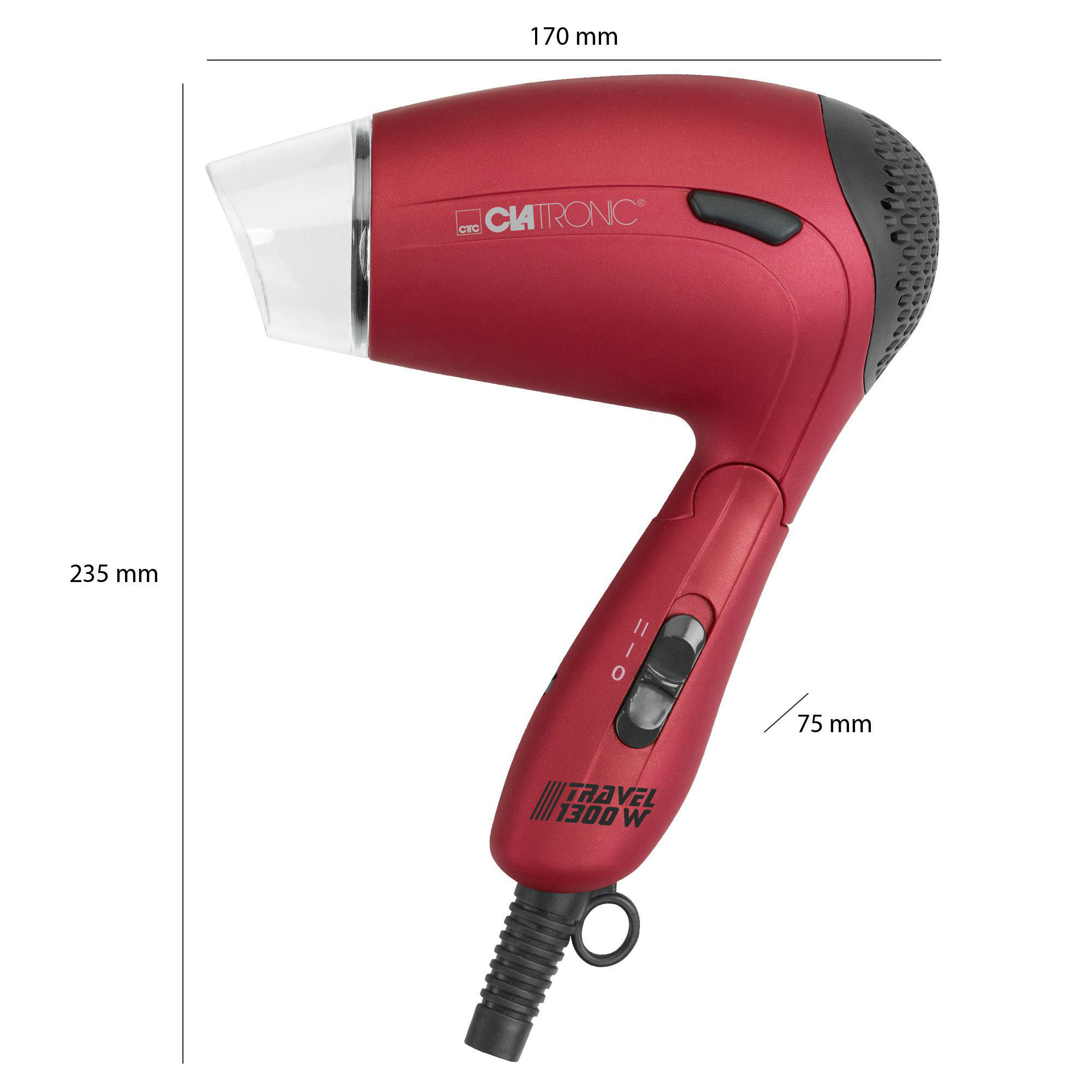 Roter Haartrockner mit Abmessungen. Die Marke ist Clatronic. Er befindet sich auf weißem Hintergrund.