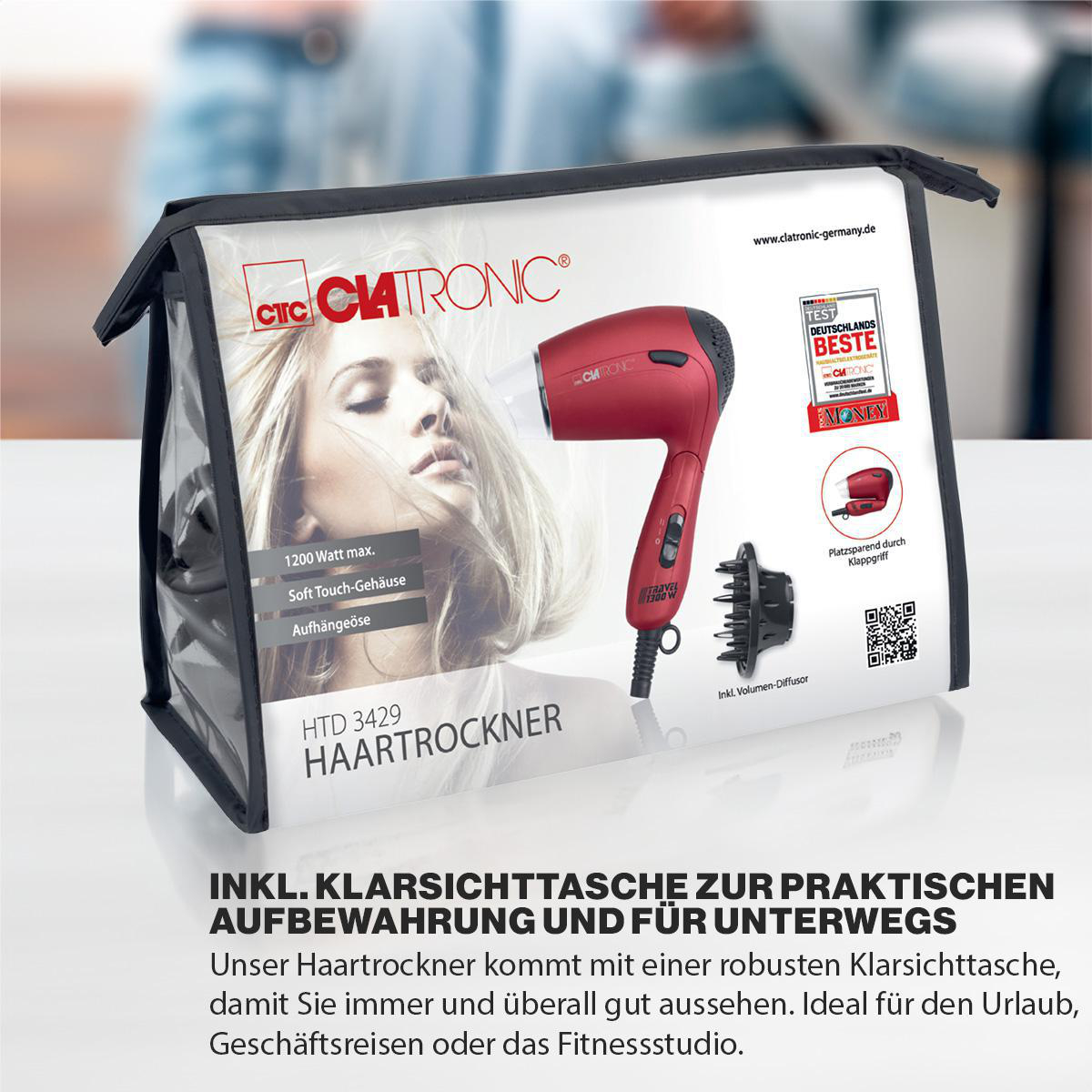 Haartrockner in einer Klarsichttasche. Die Marke ist Clatronic. Text auf Deutsch über den Haartrockner. Er hat einen Diffusor.