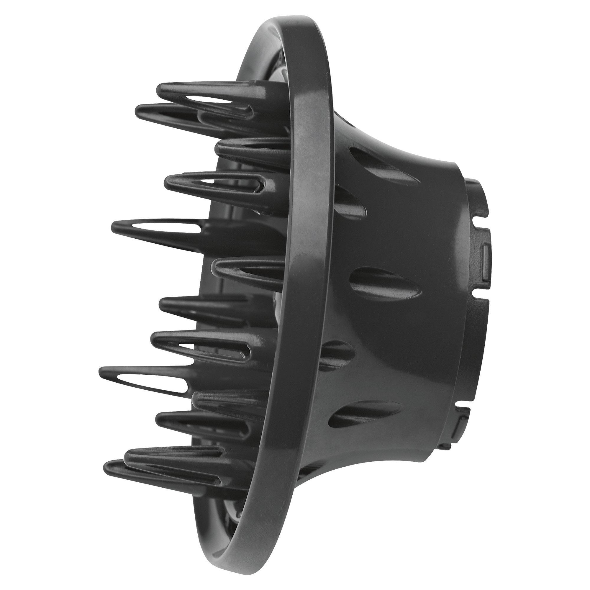 Schwarzer Diffusor für einen Haartrockner. Der Diffusor hat viele kleine Zinken.