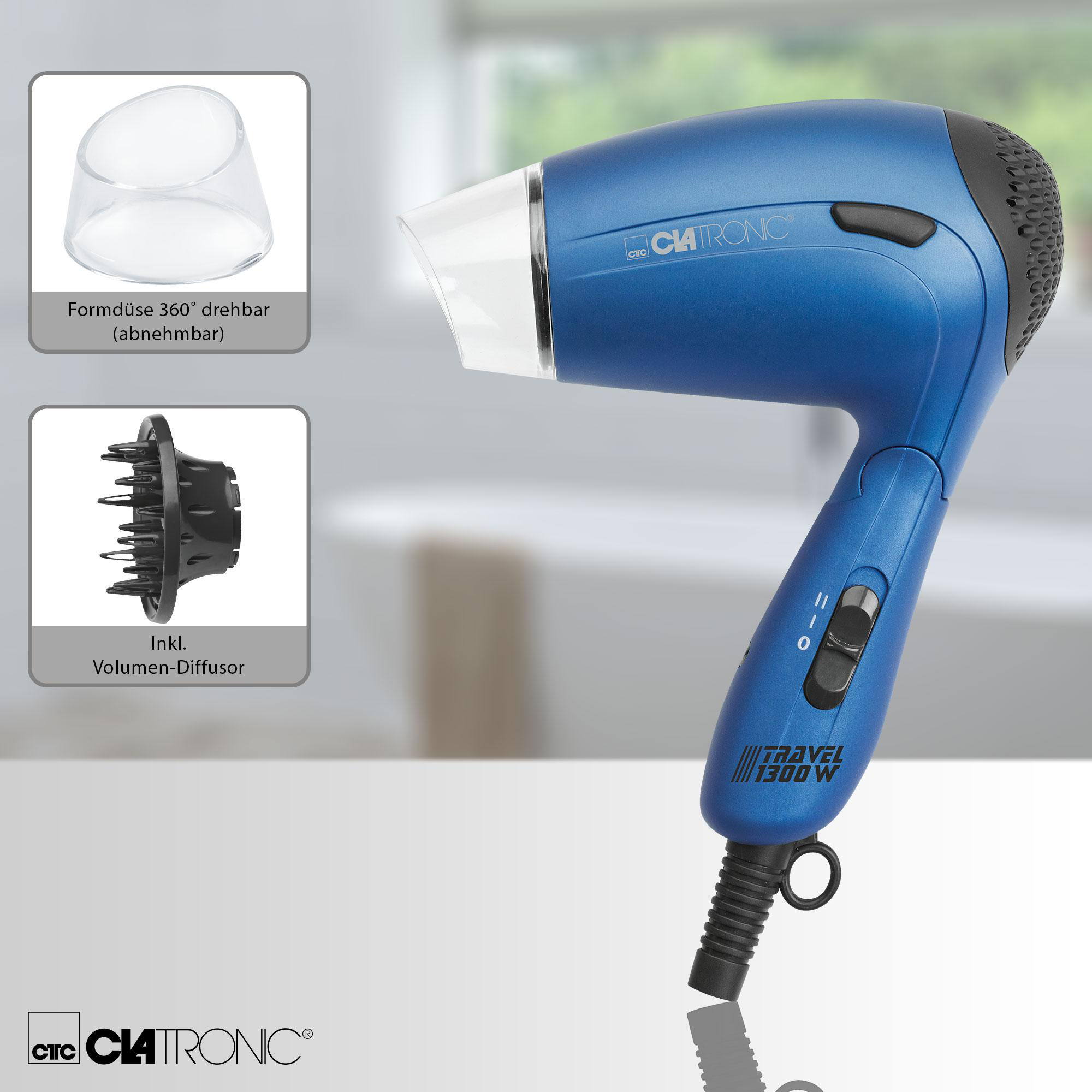 Blauer Haartrockner mit Zubehör. Es zeigt den Kopf und den Diffusor. Die Marke ist Clatronic.