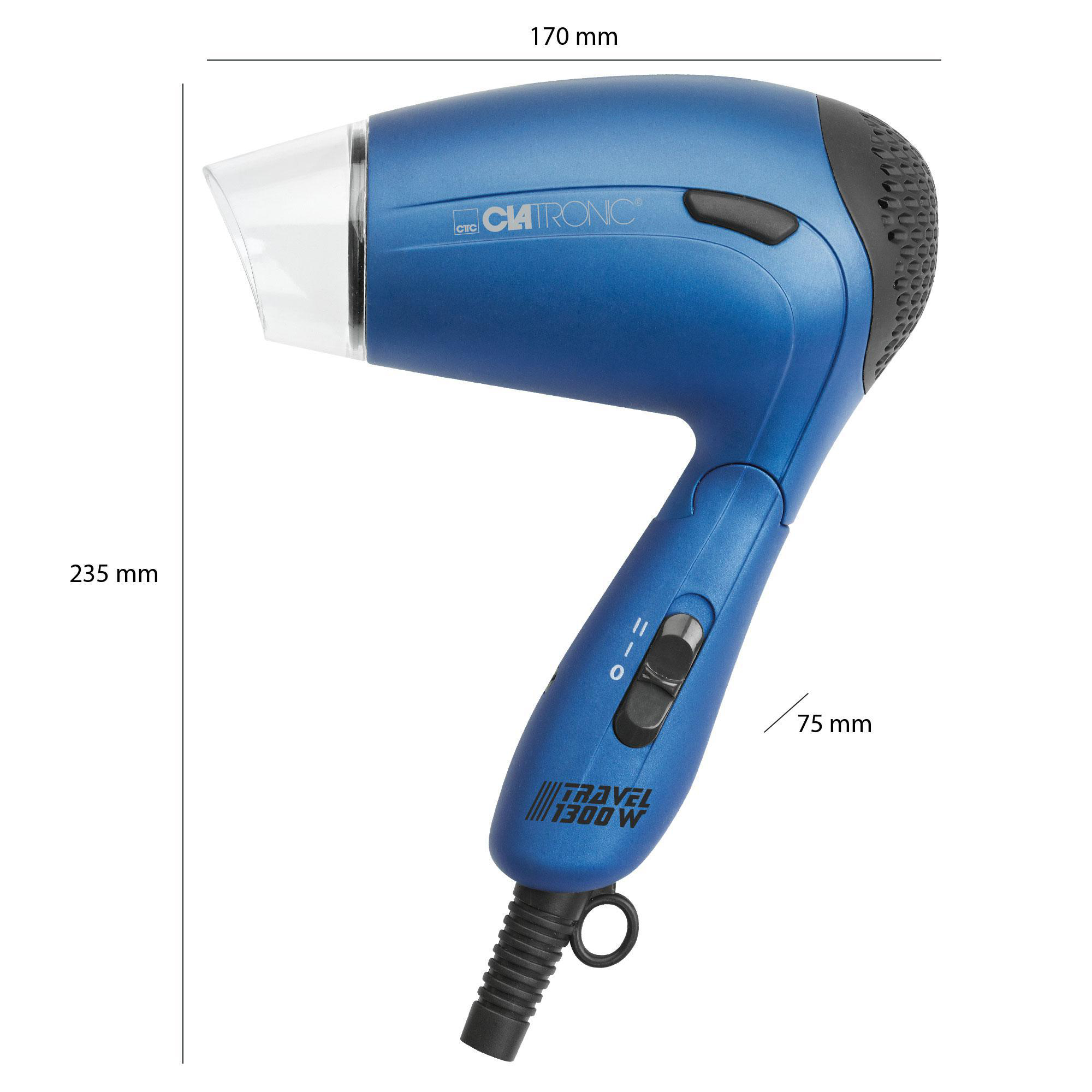 Blauer Haartrockner mit Abmessungen. Die Marke ist Clatronic. Er befindet sich auf weißem Hintergrund.