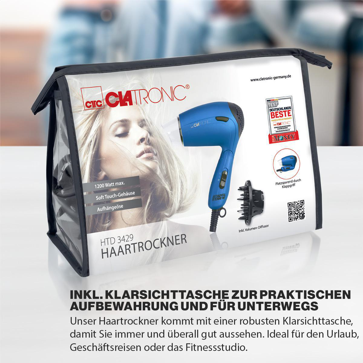 Blauer Fön in einer durchsichtigen Tasche. Text auf der Tasche enthält den Markennamen und die Spezifikationen.