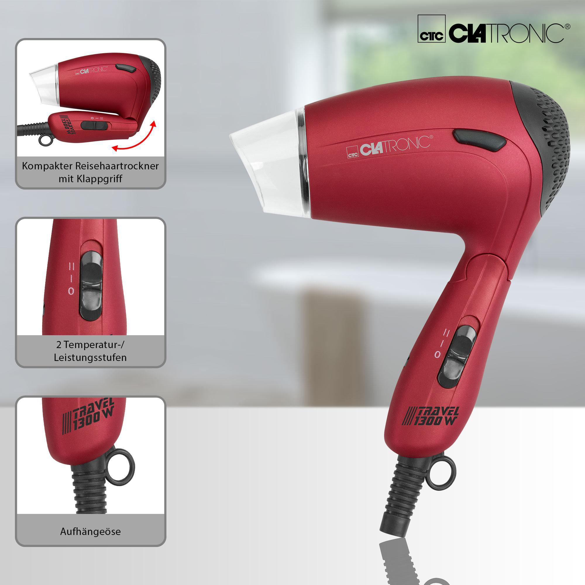 Ein roter Fön mit Details, wie kompaktes Design und Temperatureinstellungen.
