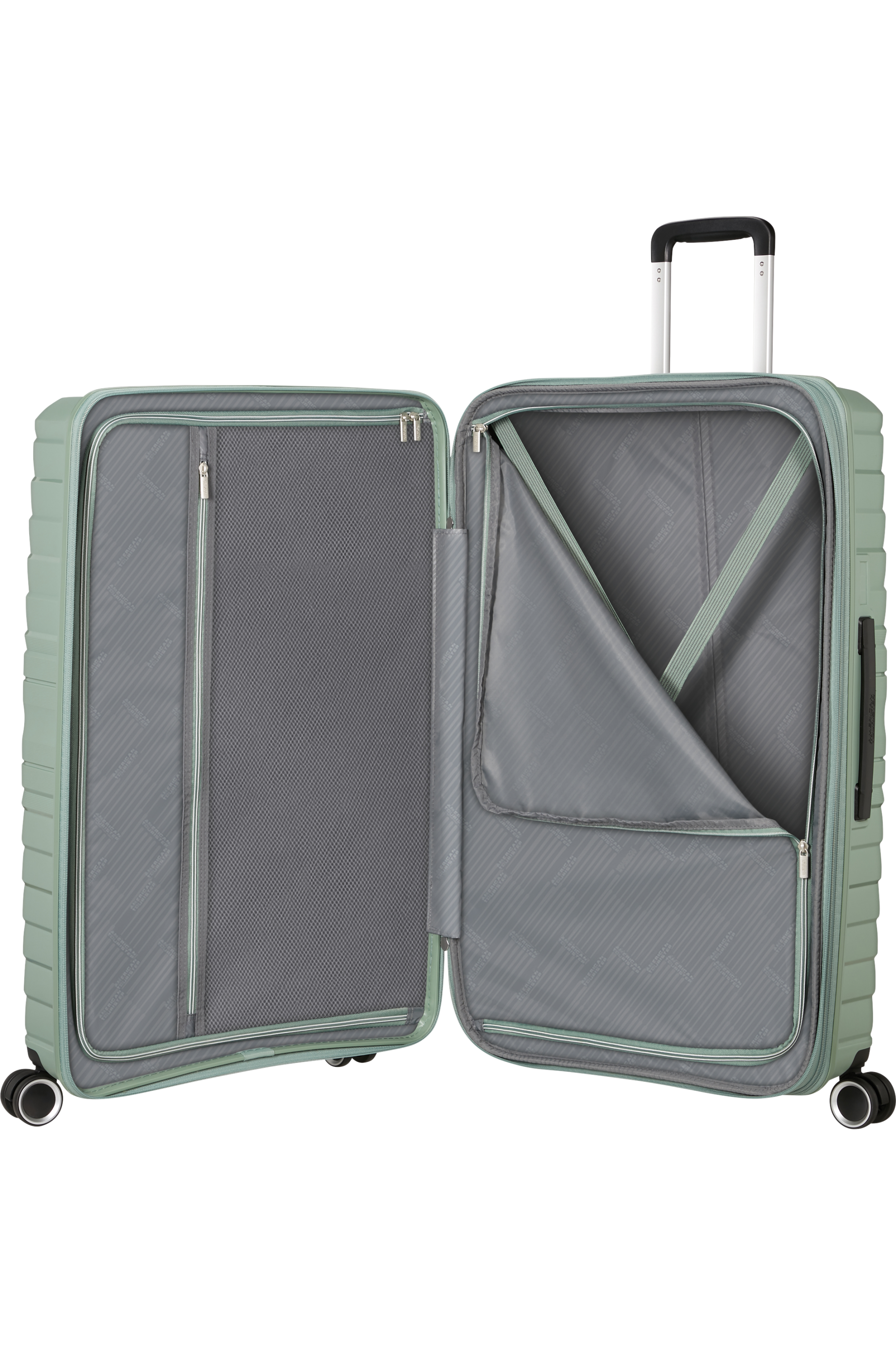 Grüner Koffer geöffnet. Innenfächer, Netztasche und Gurte. Innen grau.