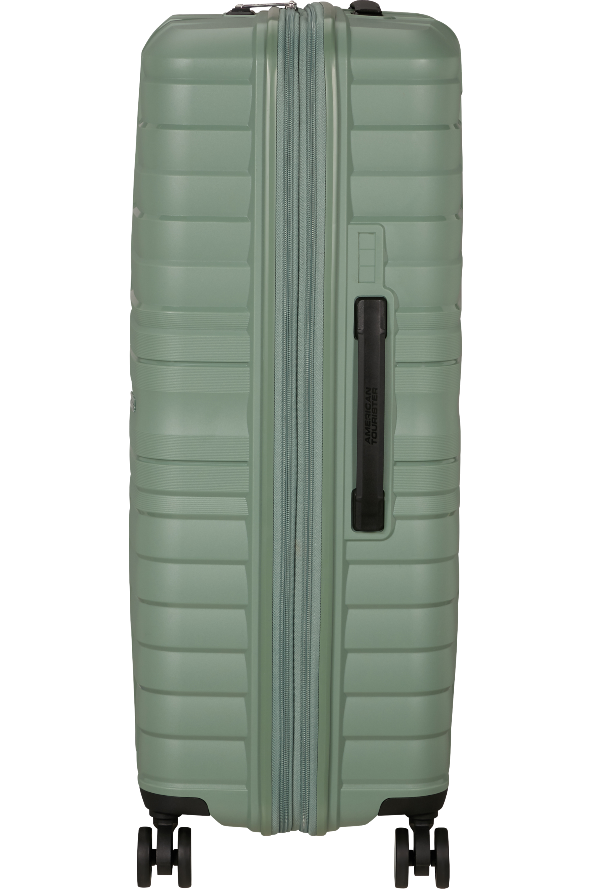 Grüner Koffer von der Seite. American Tourister-Logo und Griff sichtbar.