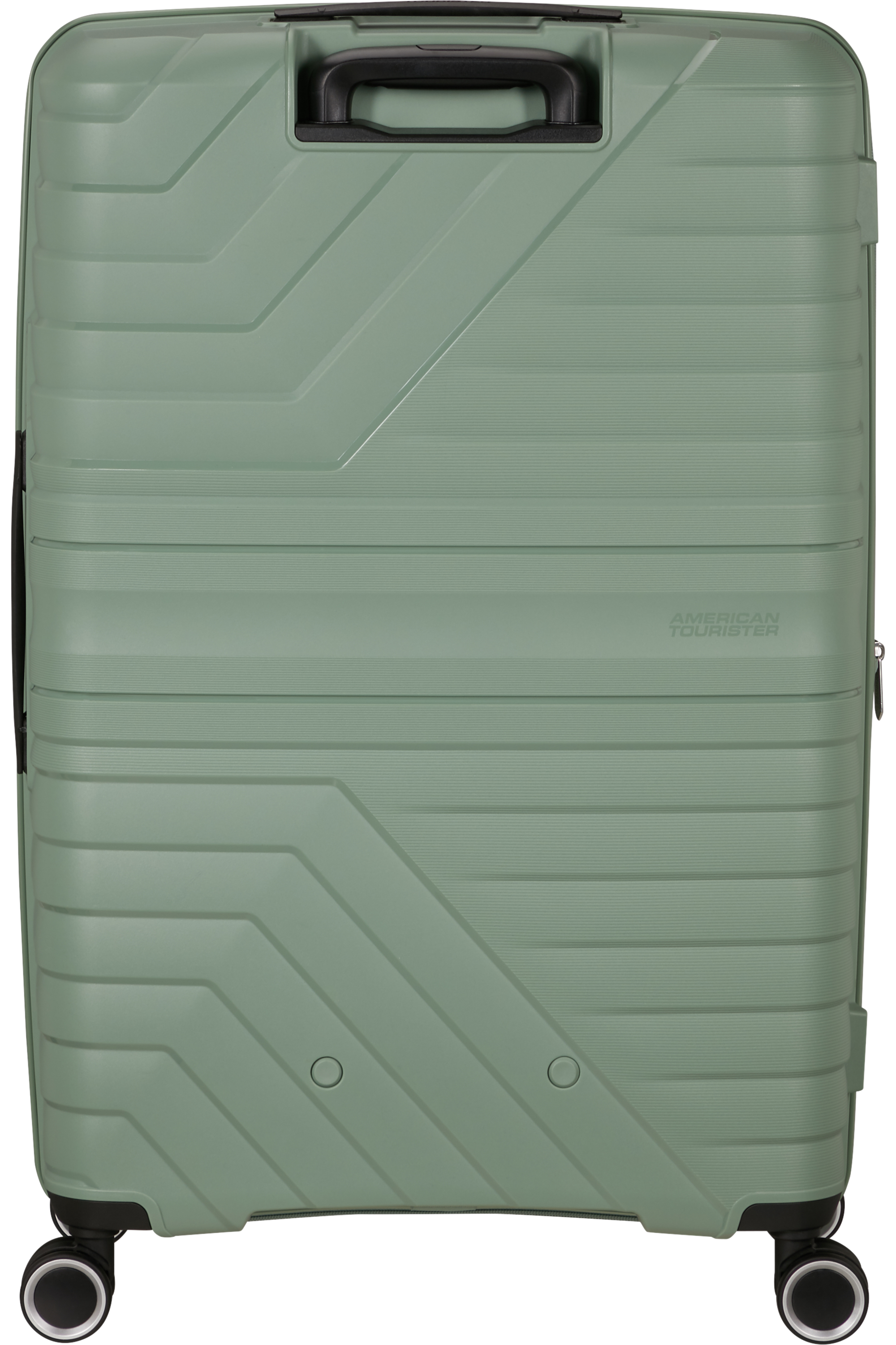 Die Rückseite eines grünen Koffers. Das American Tourister-Logo ist in der Mitte.