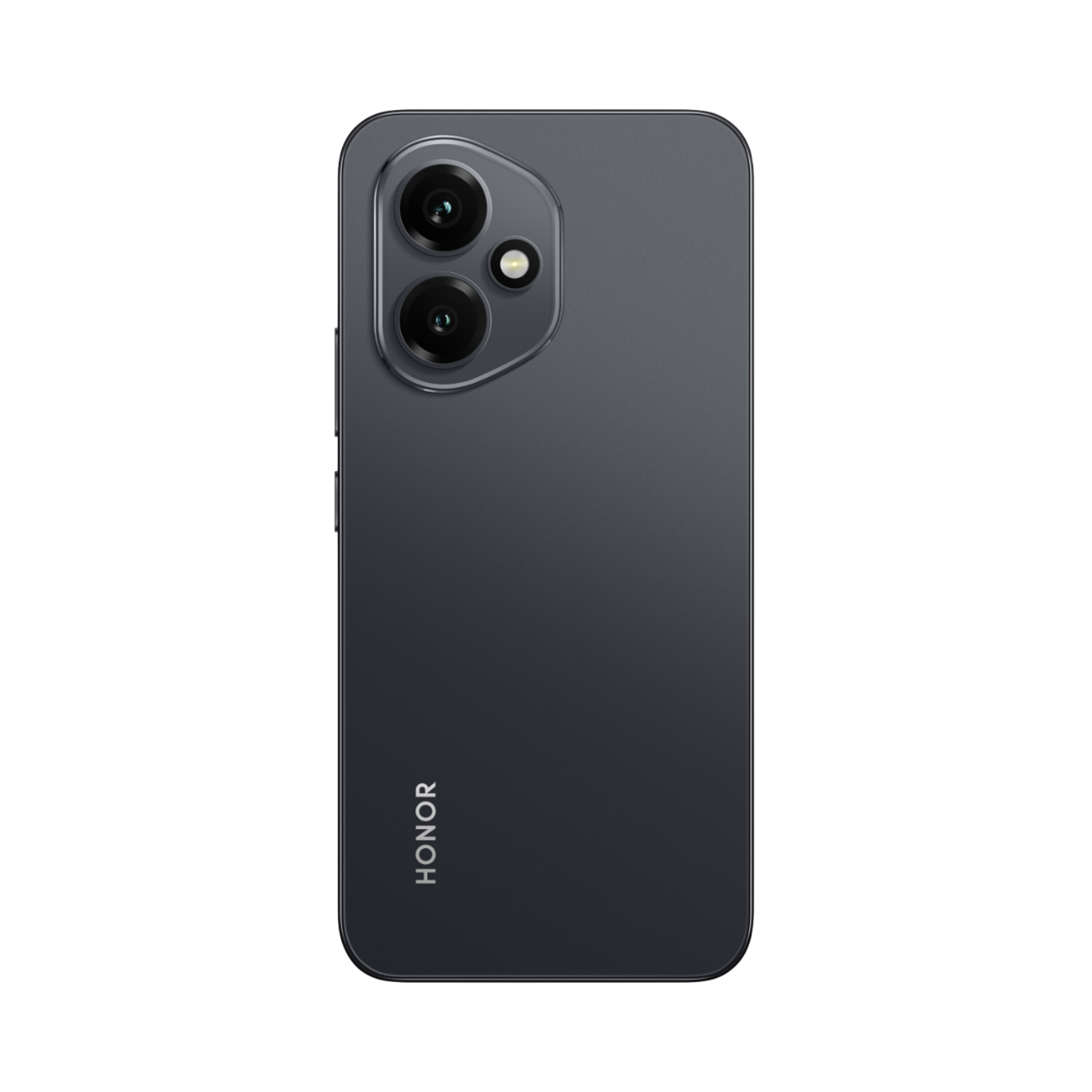 Zwarte Honor-telefoon achterkant. Dubbele camera's en Honor-logo. Donkergrijze achtergrond.