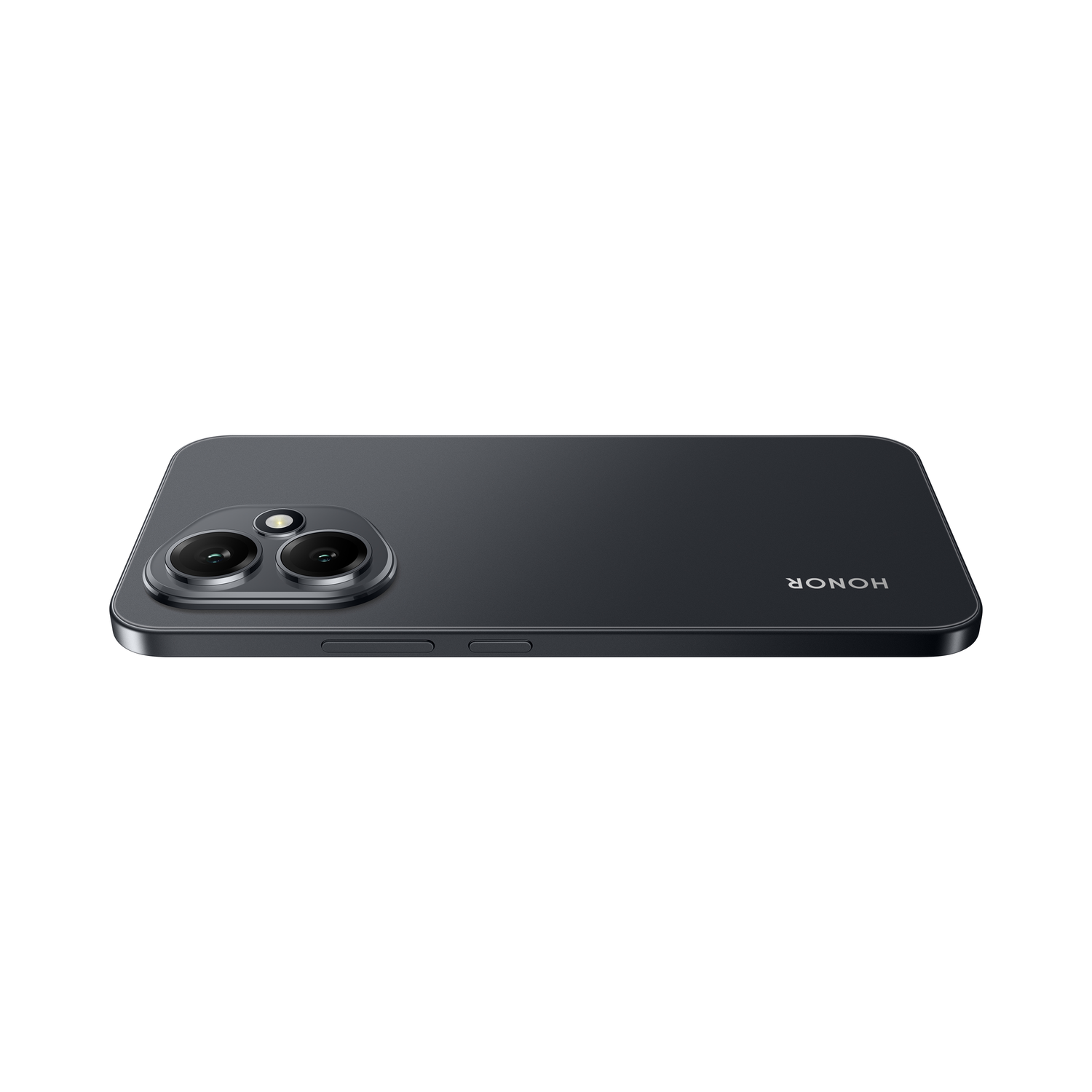 Honor-telefoon achterkant. Zwart met dubbele camera's en Honor-logo. Witte achtergrond.