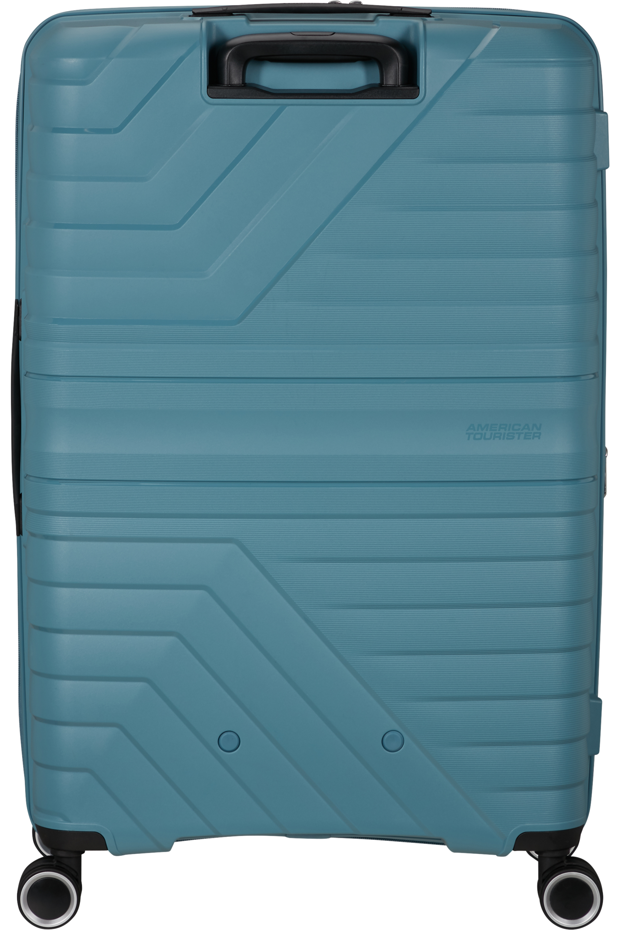 Rückseite des türkisfarbenen Koffers. American Tourister Logo. Räder unten. Horizontale Linien.