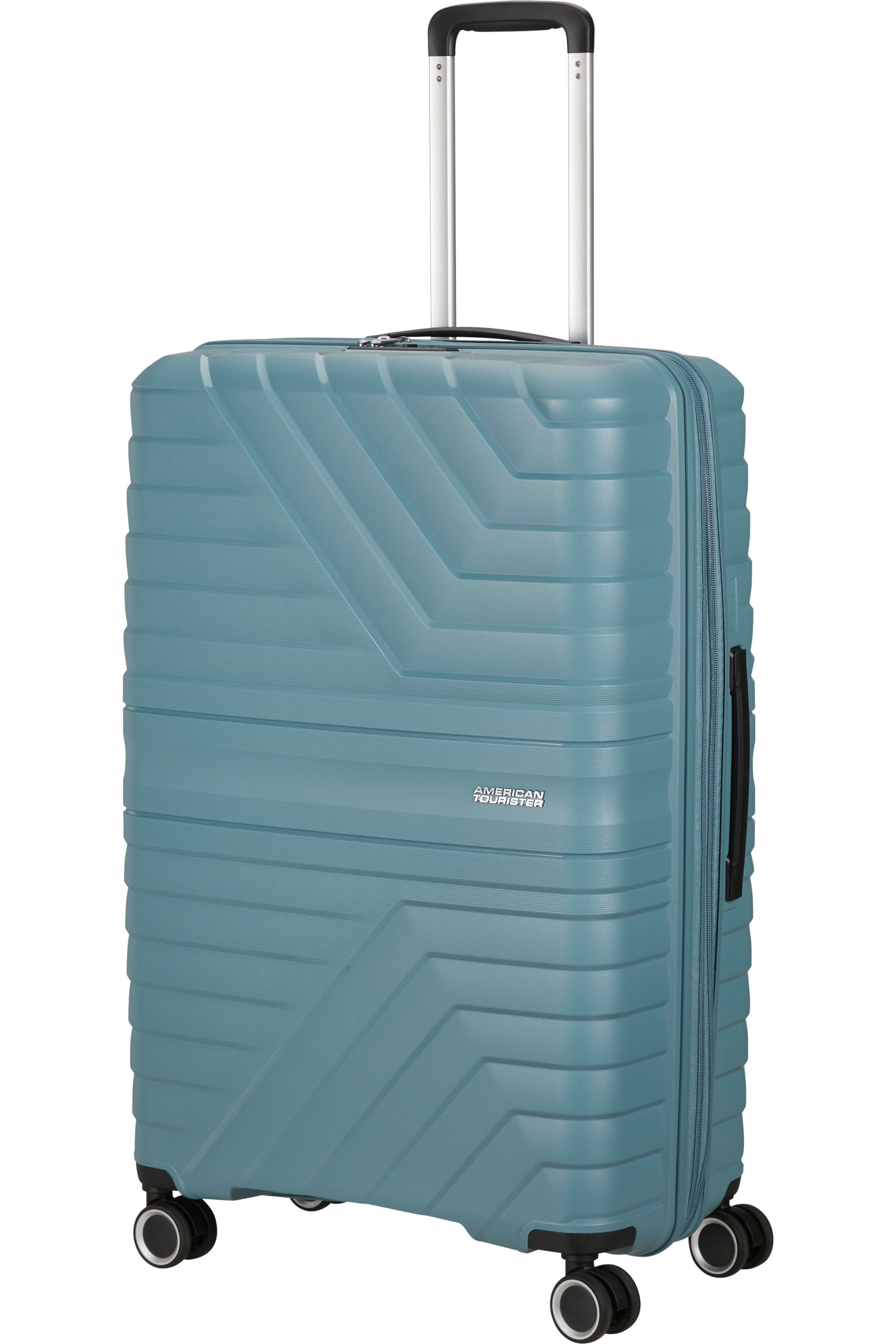 Türkisfarbener Koffer mit hochgeklapptem Griff. American Tourister Logo. Räder unten.