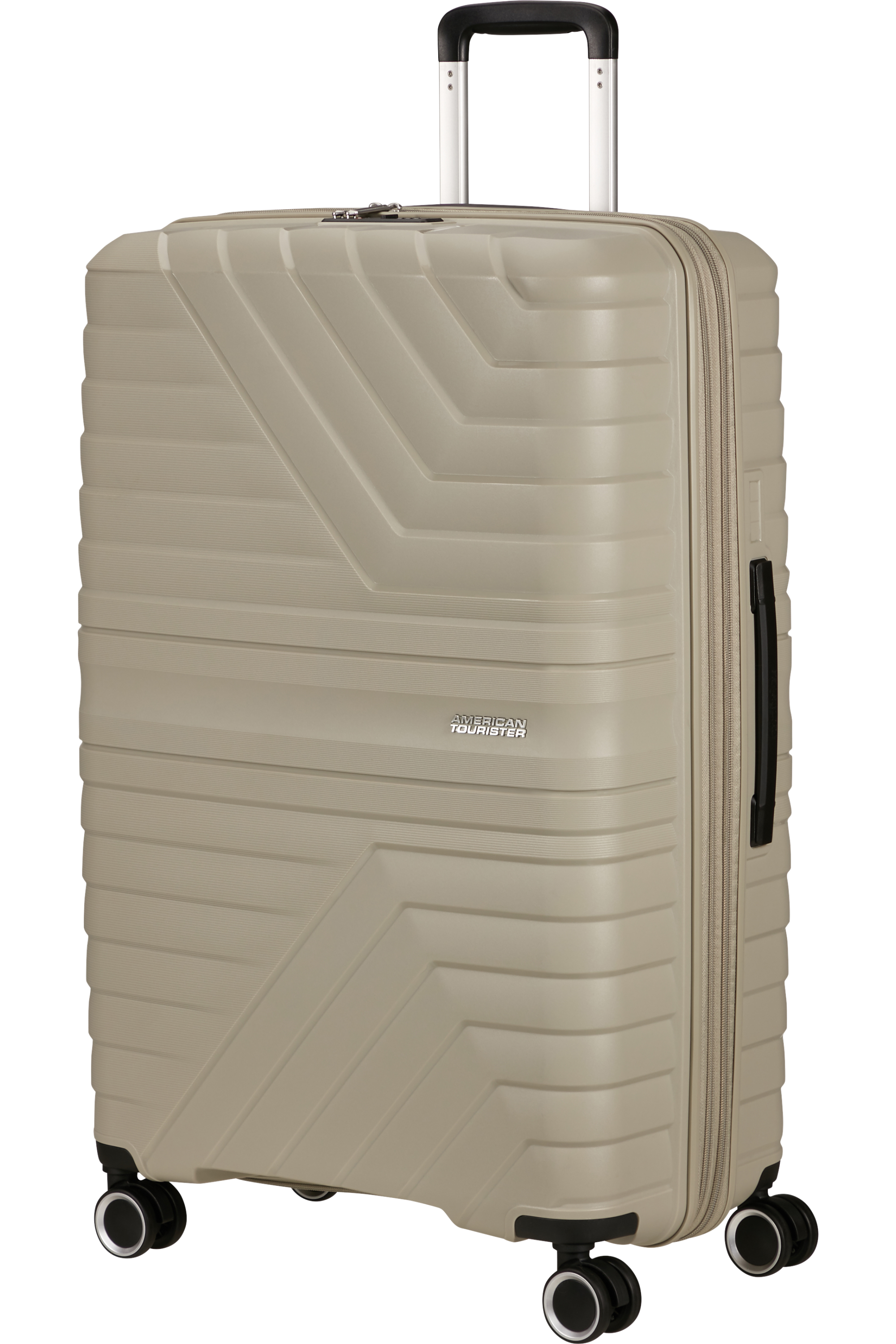 Beigefarbener American Tourister Koffer mit Linienmuster und Rädern.