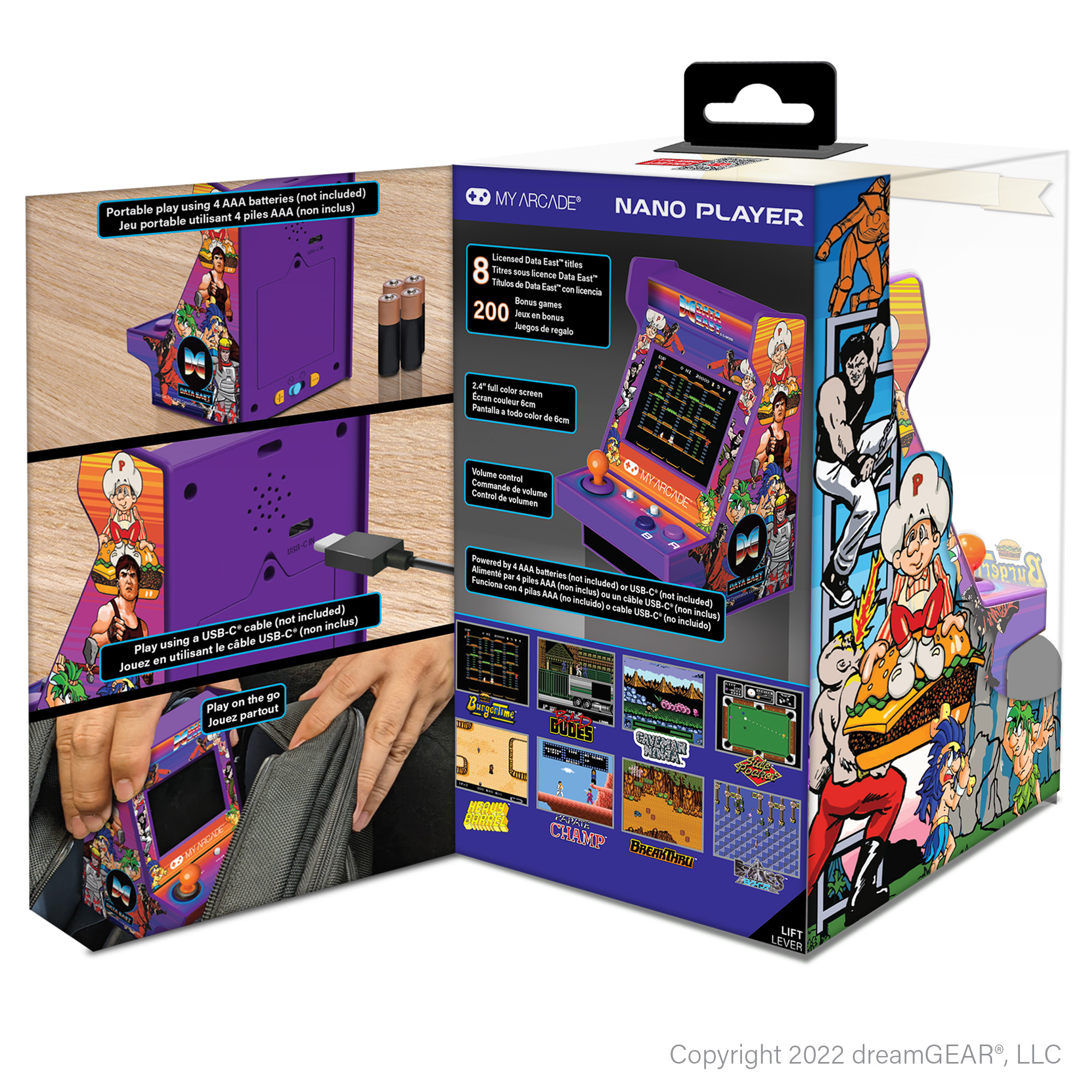 Kutulu retro atari oyunu, oyun ve karakterlerin çoklu görüntüleriyle.