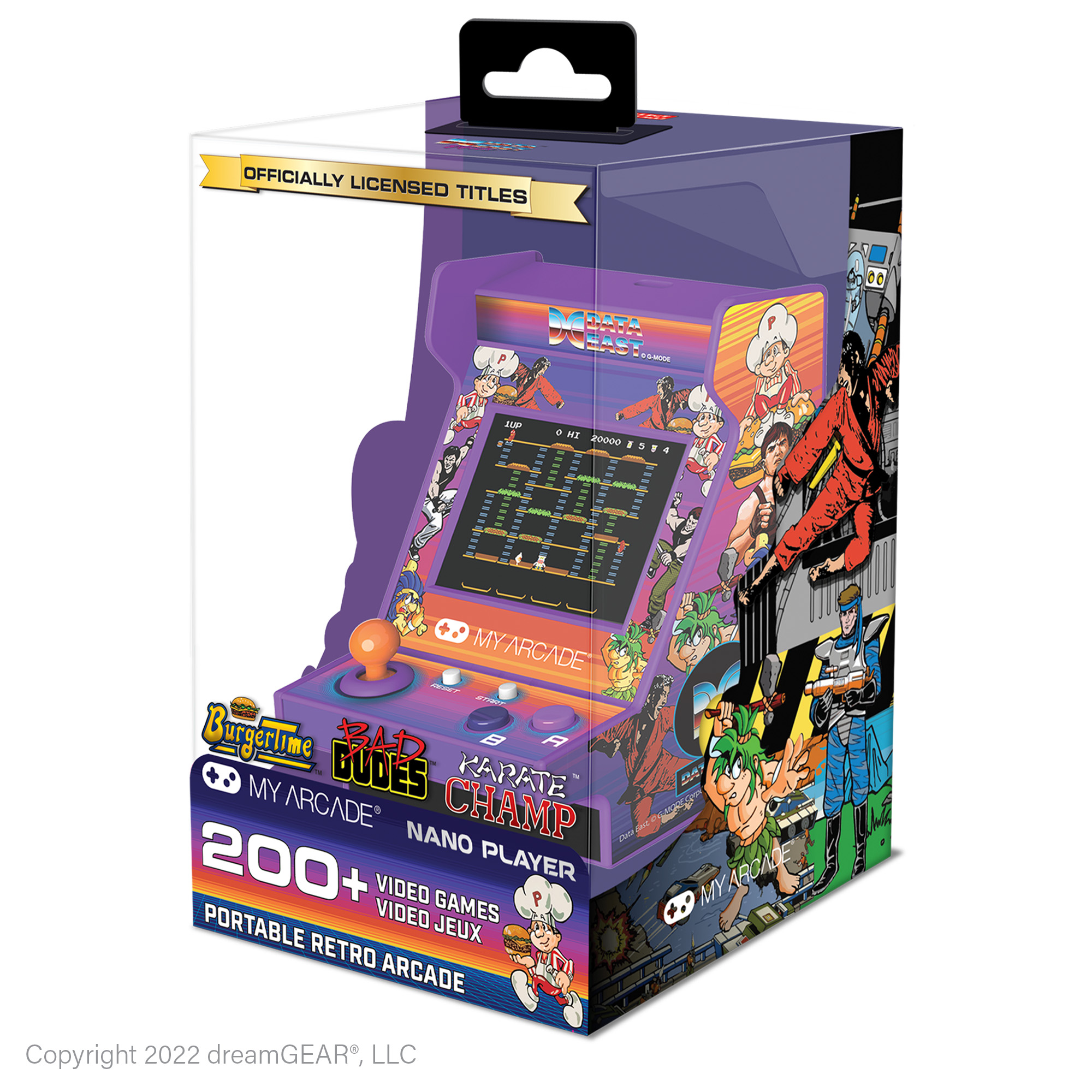 Oyun görüntüleri, karakterler ve logo ile kutulu retro atari oyunu.