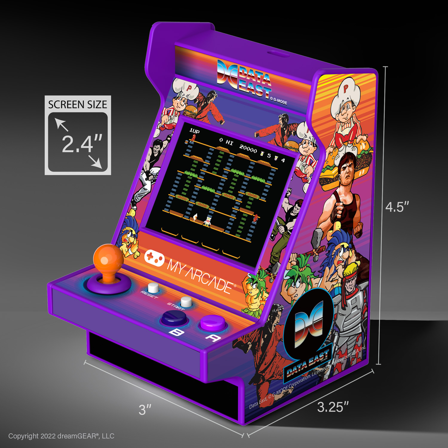 Ekran ve kontrol düğmeleri olan mini atari oyun konsolu. Mor renk.