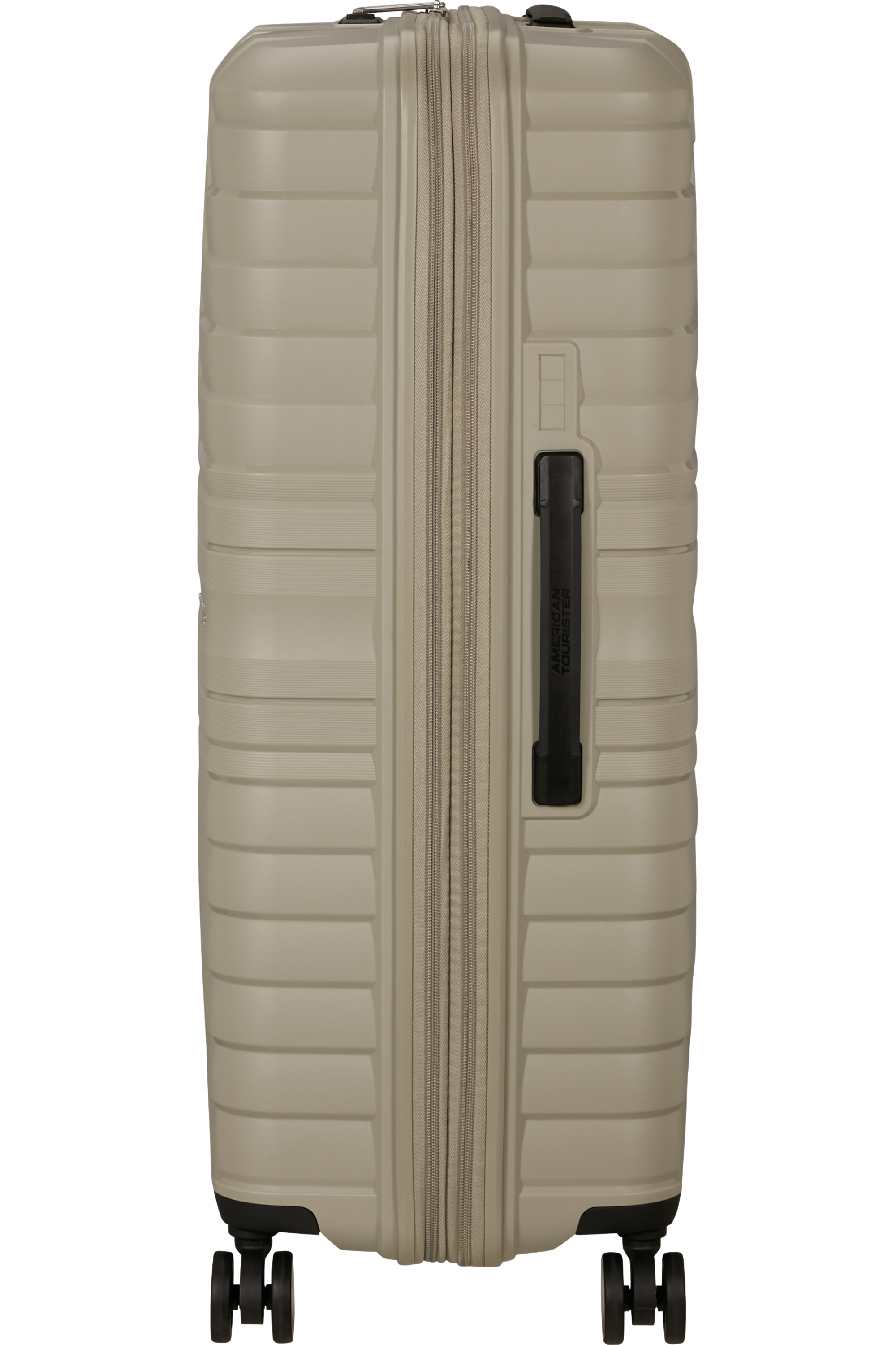 Beigefarbener American Tourister Koffer mit Linienmuster und Rädern.