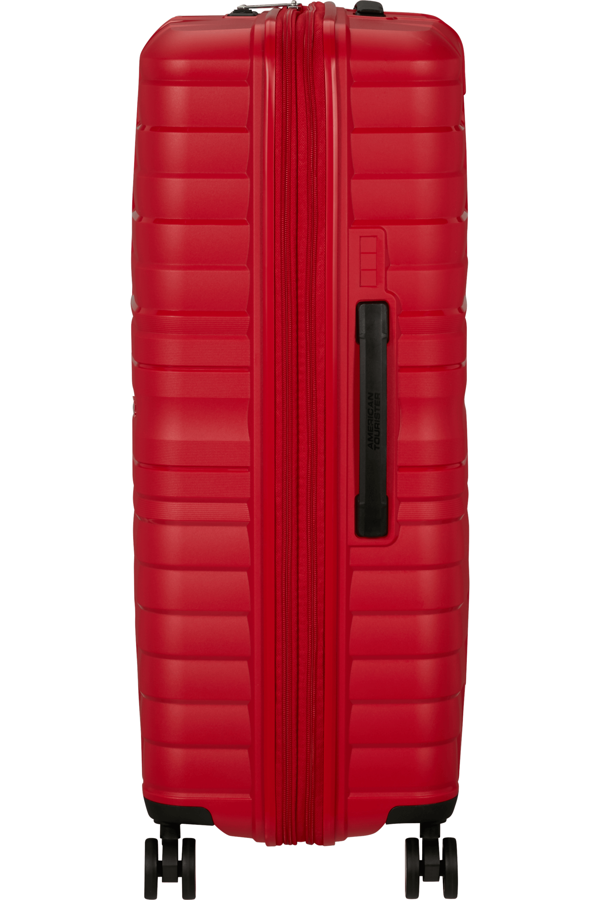 Roter Koffer, Seitenansicht. Strukturierte Oberfläche, schwarzer Griff, Räder unten.