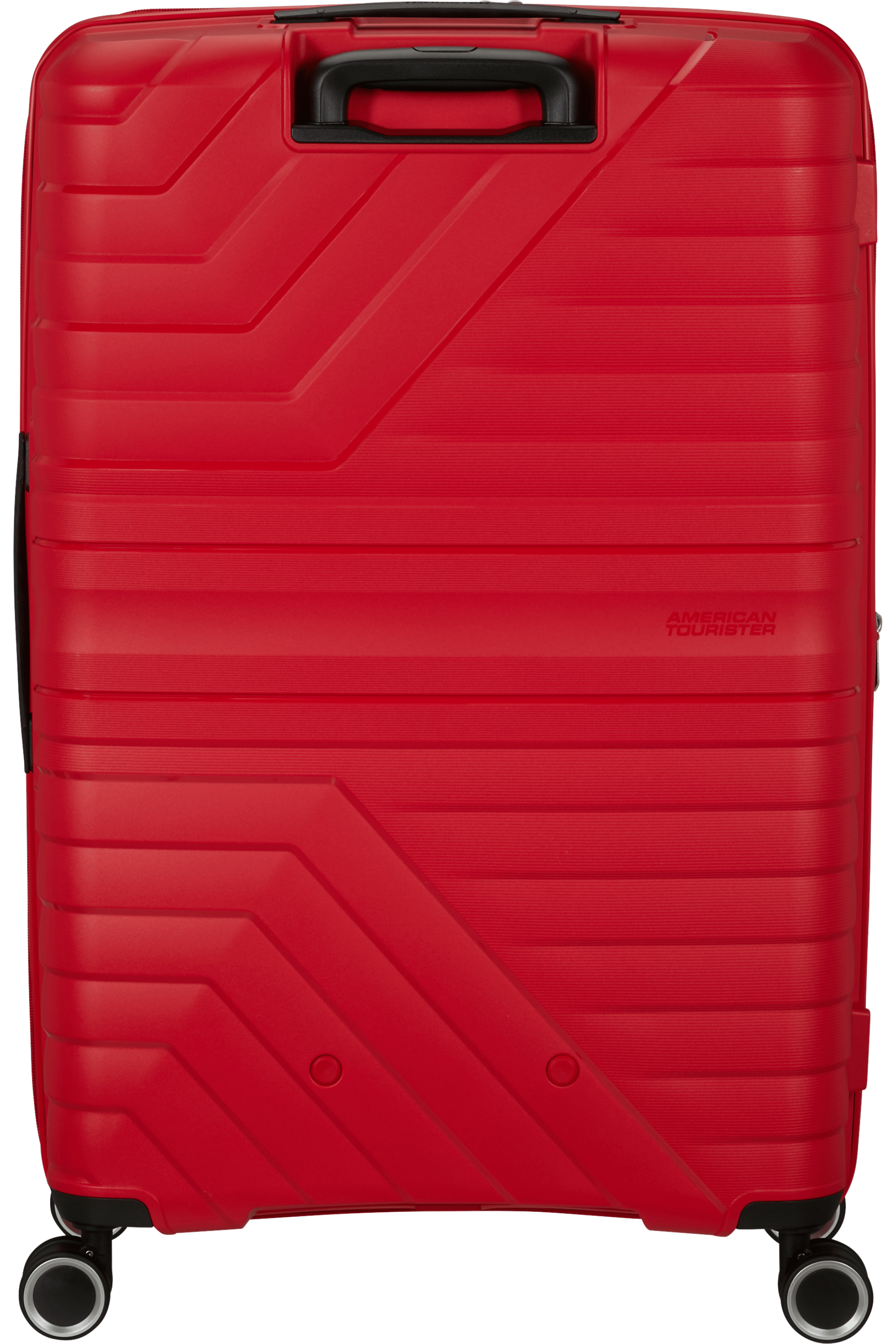 Roter Koffer, Rückansicht. American Tourister Logo. Strukturiertes Design mit abgewinkelten Linien.