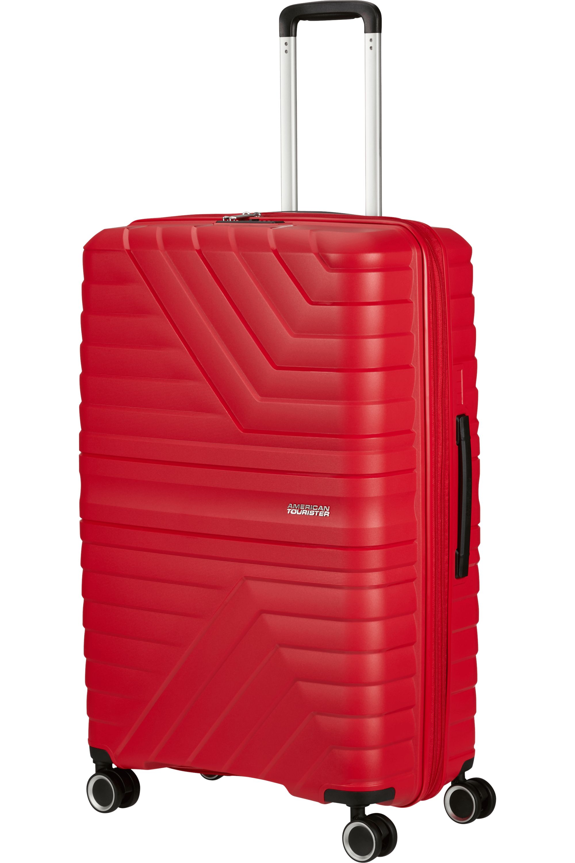 Roter Koffer, Seitenansicht, Griff ausgefahren. American Tourister Logo. Räder sichtbar.