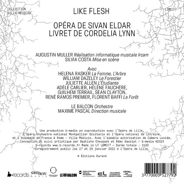 Albumcover für Like Flesh, mit Text und Credits. Enthält Namen und Produktionsdetails.