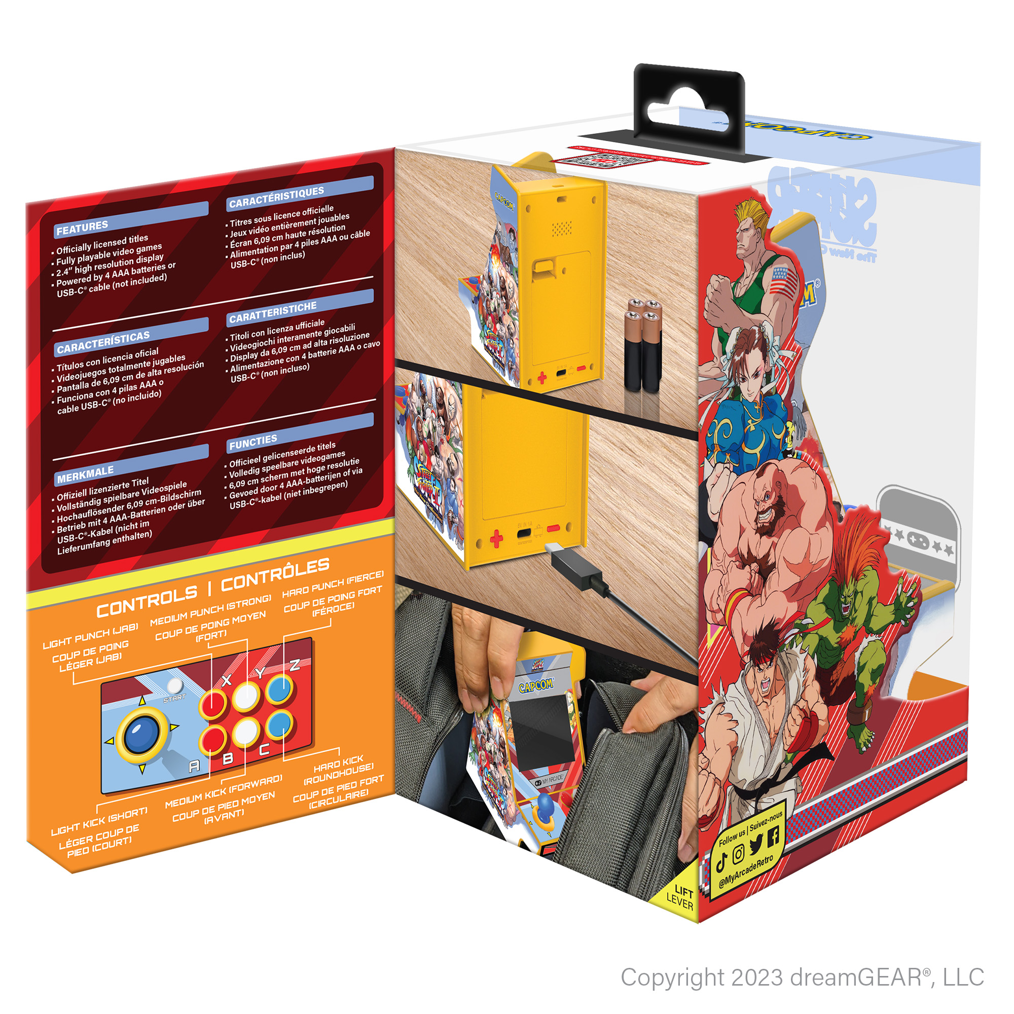 Street Fighter temalı kutulu taşınabilir atari oyunu. Oyun kontrollerinin detayları ve kutunun içi görülebilir.