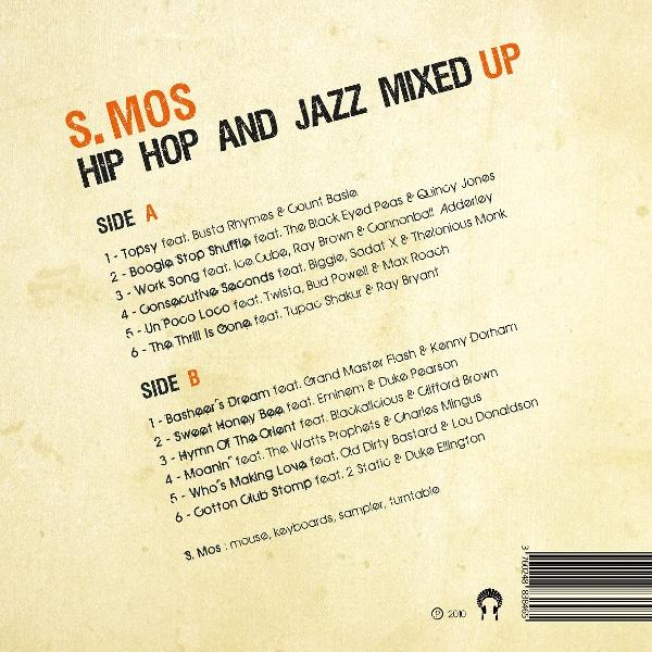 Rückseite des Albumcovers: 'S. Mos Hip Hop and Jazz Mixed Up'. Trackliste und Credits sind auf der Rückseite aufgeführt.