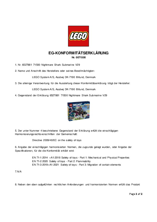 LEGO EG-KONFORMITÄTSERKLÄRUNG Dokument. Enthält Text über Spielzeugsicherheitsstandards.