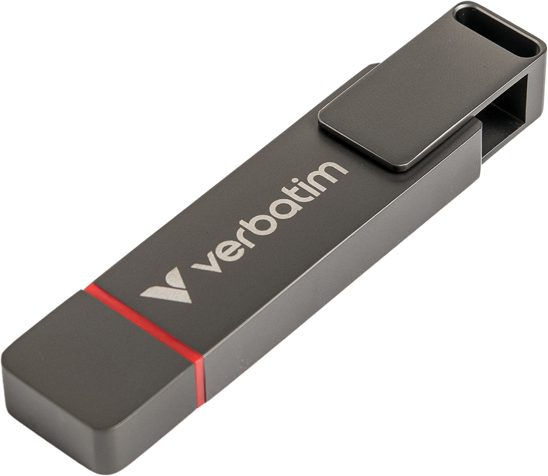 Verbatim USB meghajtó. Fekete-ezüst dizájn. Piros akcentusvonal. USB csatlakozó látható.