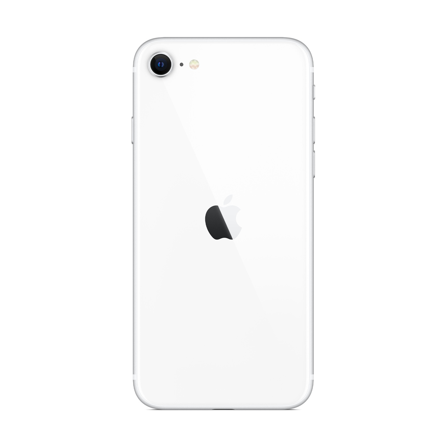 Vista posteriore di un iPhone SE (2020) bianco con il logo Apple.