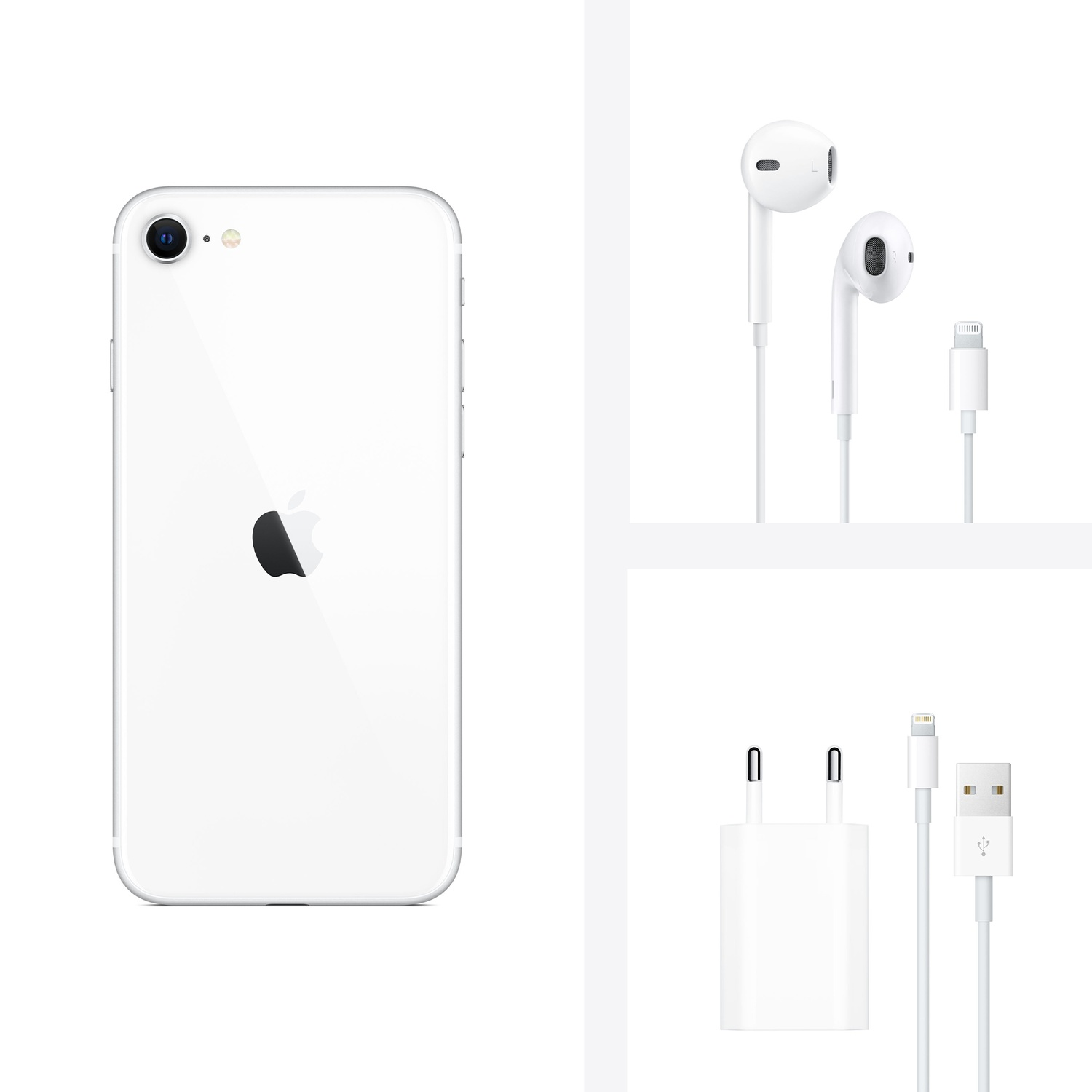 iPhone SE bianco con accessori: auricolari, caricatore, cavo. Design pulito.