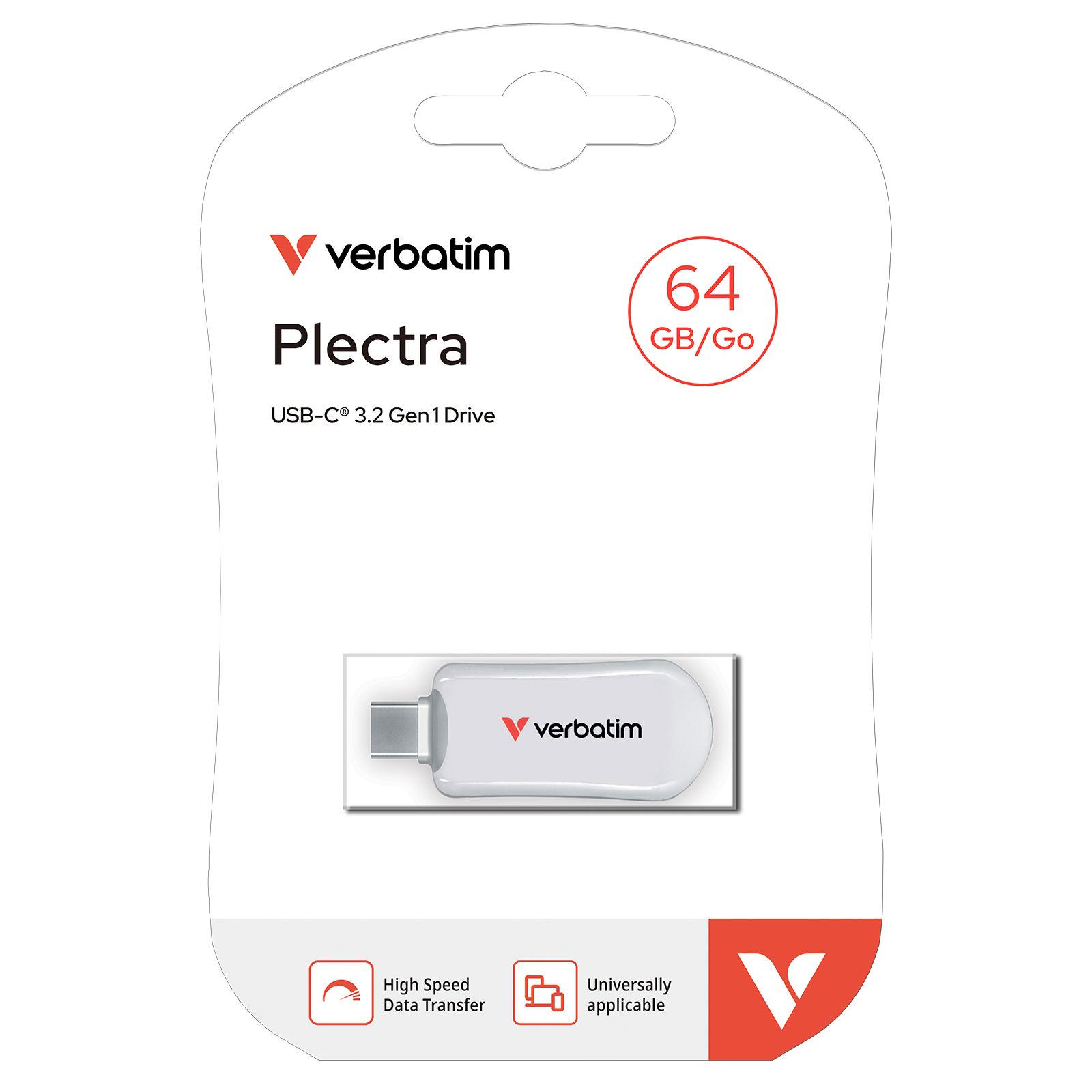 Verbatim Plectra USB-meghajtó csomag. Fehér meghajtó látható. 64 GB/Go, nagy sebességű adatátvitel és univerzális alkalmazhatóság.