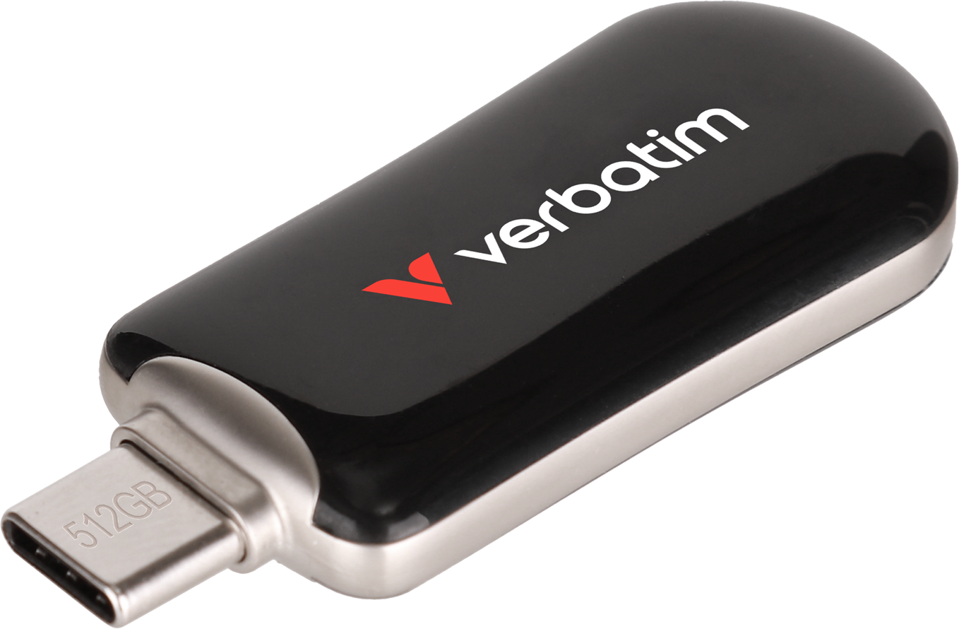 Fekete Verbatim 512 GB-os USB meghajtó. Ezüst fém csatlakozó. Fehér Verbatim logó piros akcentussal. Fényes fekete test.