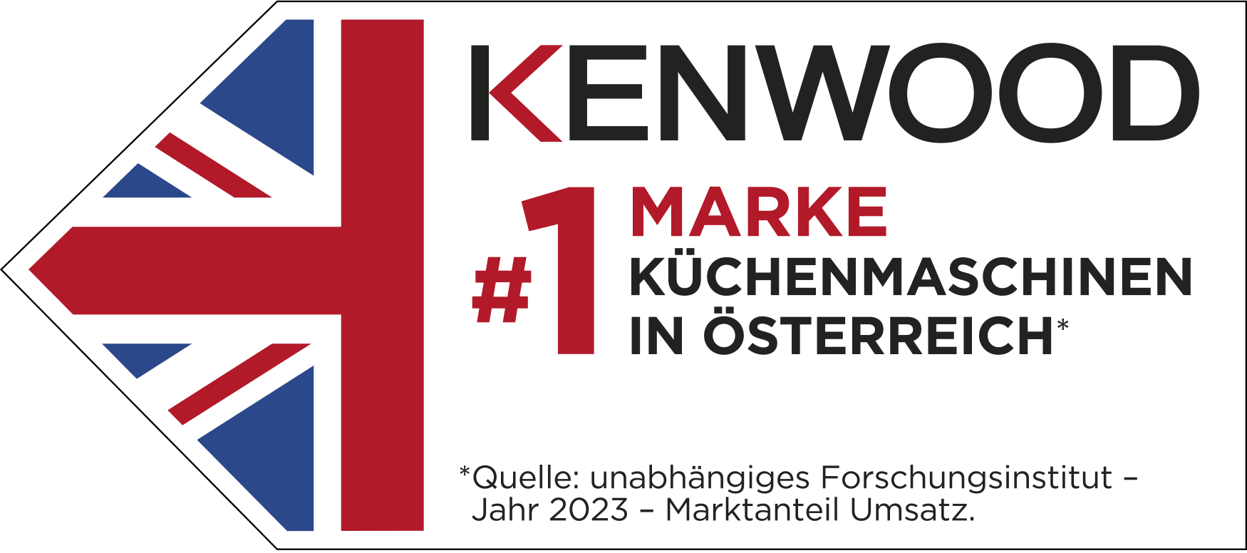 Kenwood-Logo mit der britischen Flagge und Text, der besagt, dass es die Küchengeräte-Marke Nr. 1 in Österreich ist.