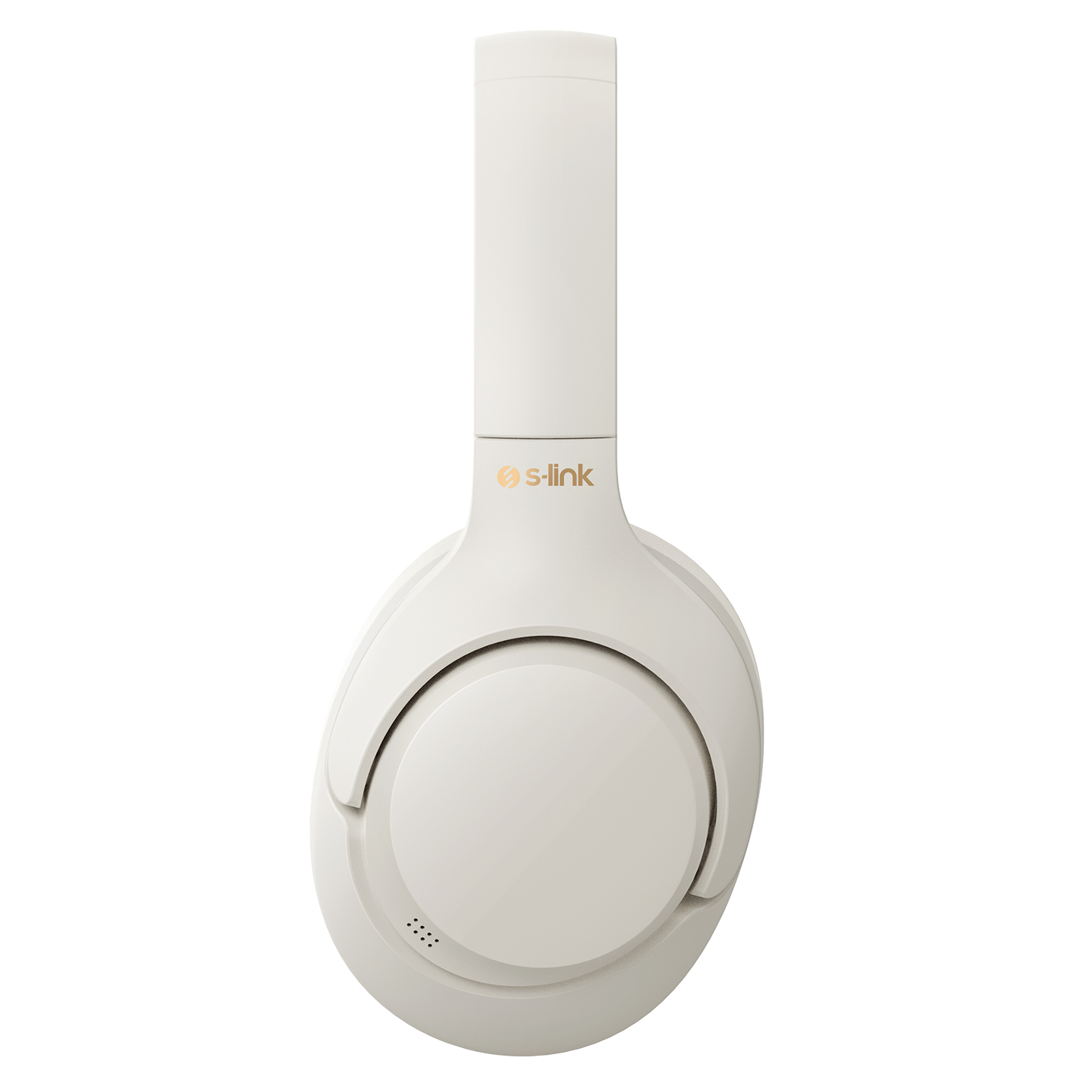 Üstte s-link logosu bulunan beyazımsı kulaklık. Minimalist ve temiz estetik.